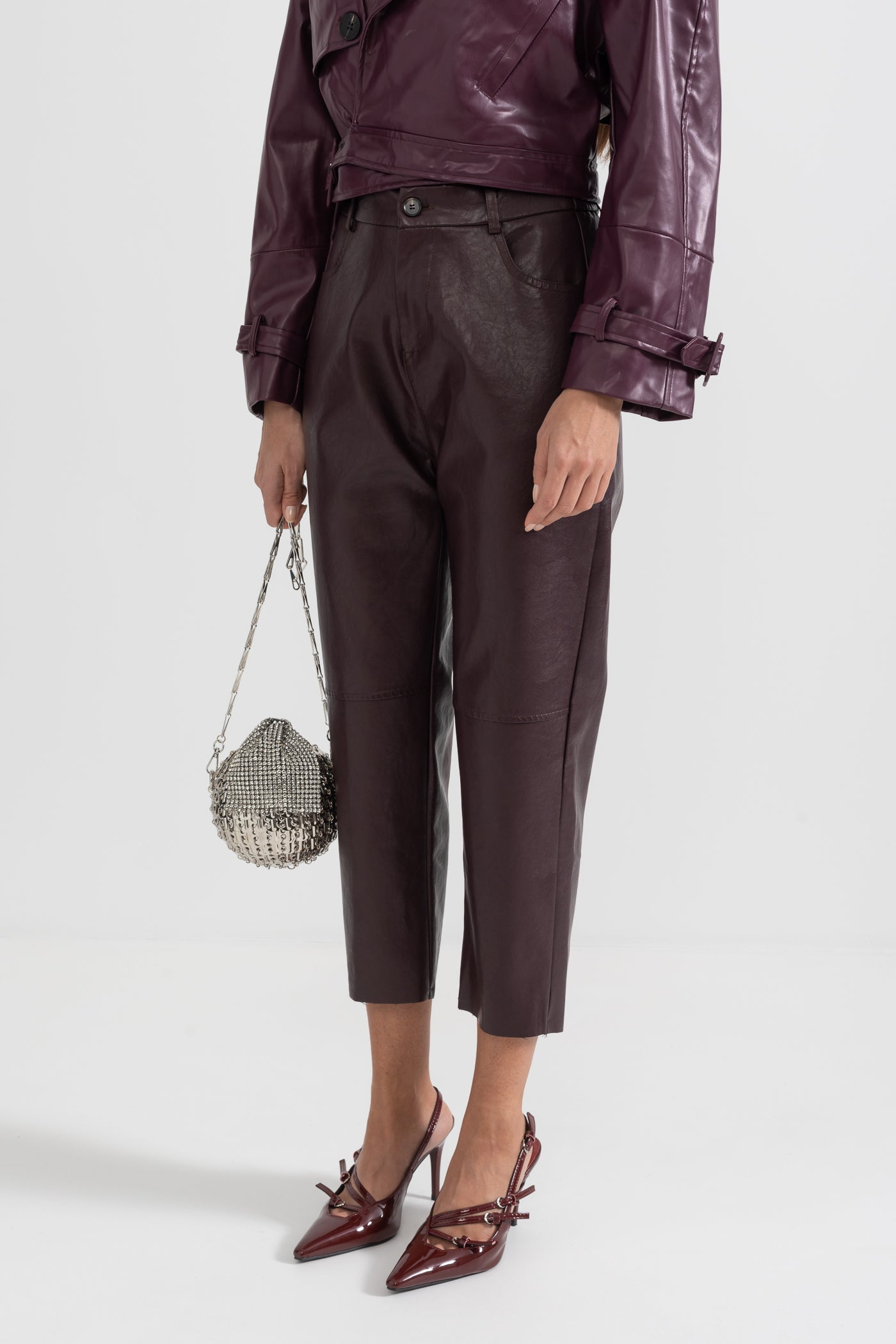 Cropped Vegan Leather Trousers - Burgundy