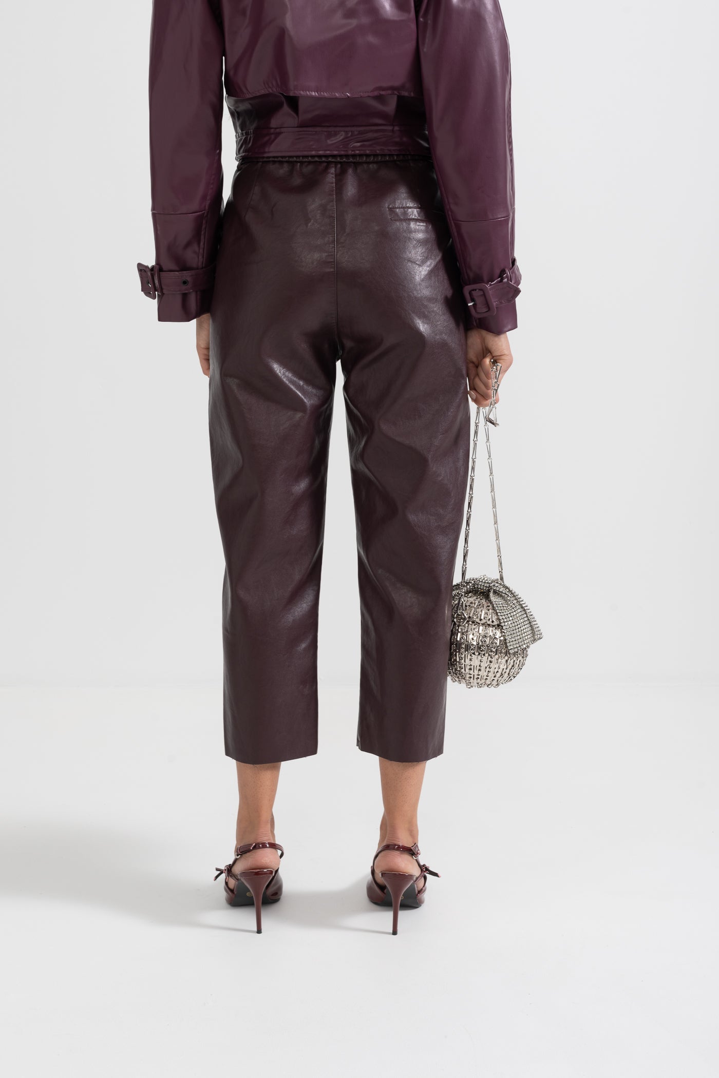 Cropped Vegan Leather Trousers - Burgundy