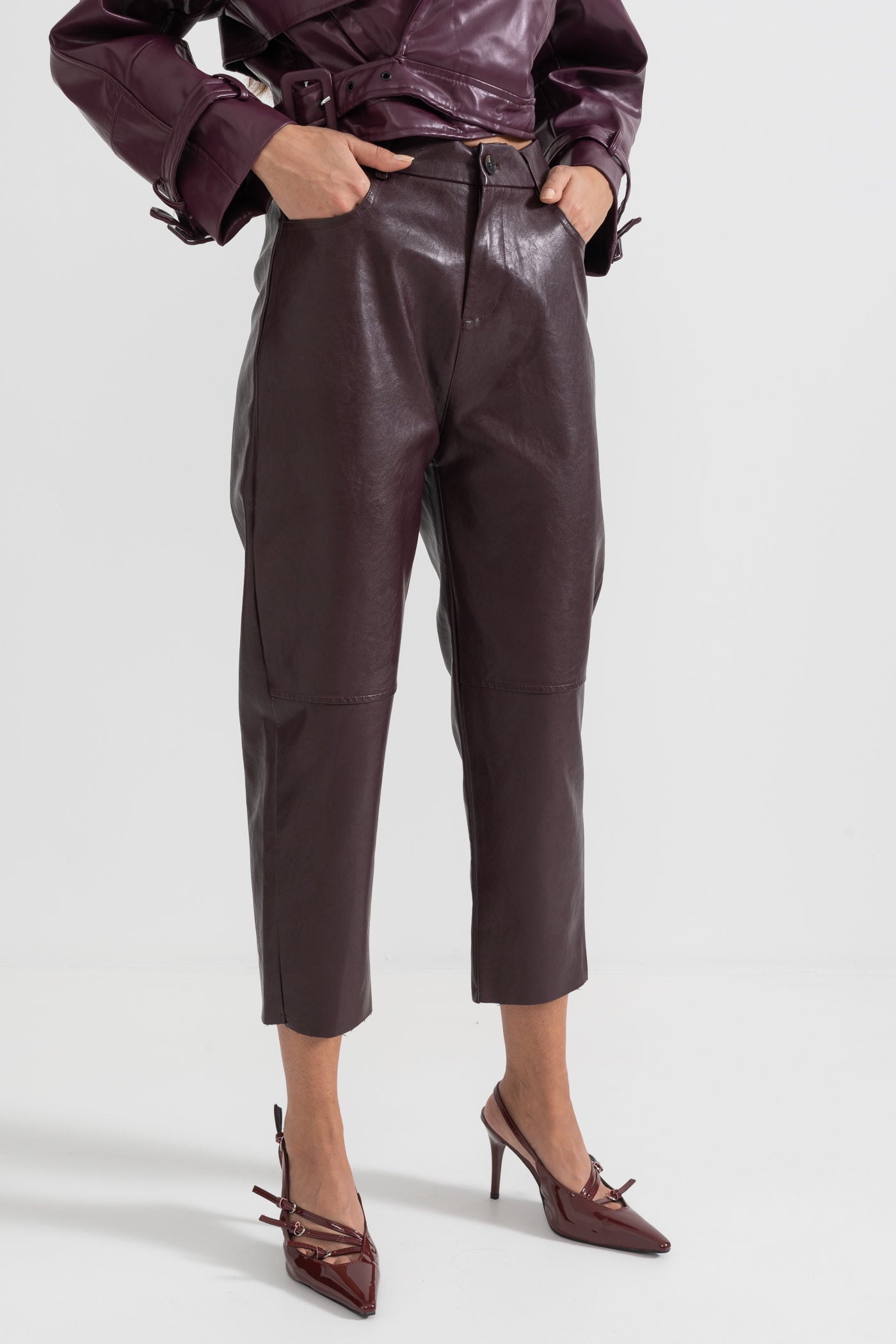 Cropped Vegan Leather Trousers - Burgundy