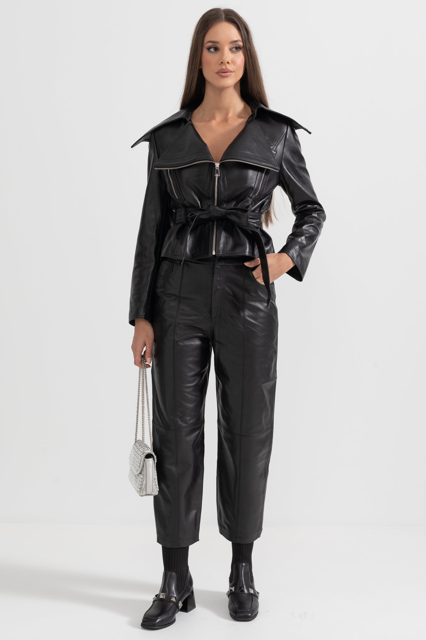 Wide Lapel Leather Jacket With Belt - Black