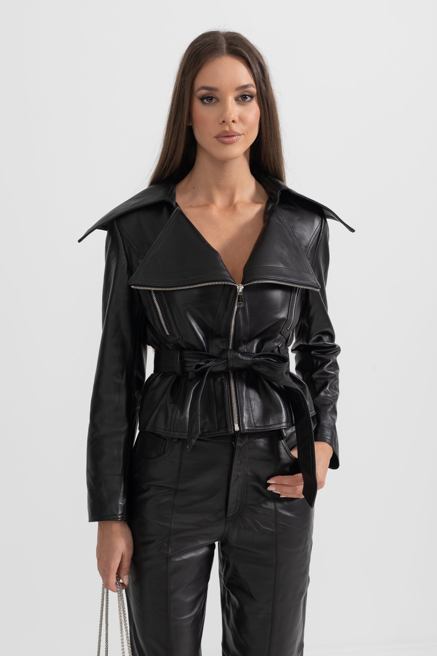 Wide Lapel Leather Jacket With Belt - Black