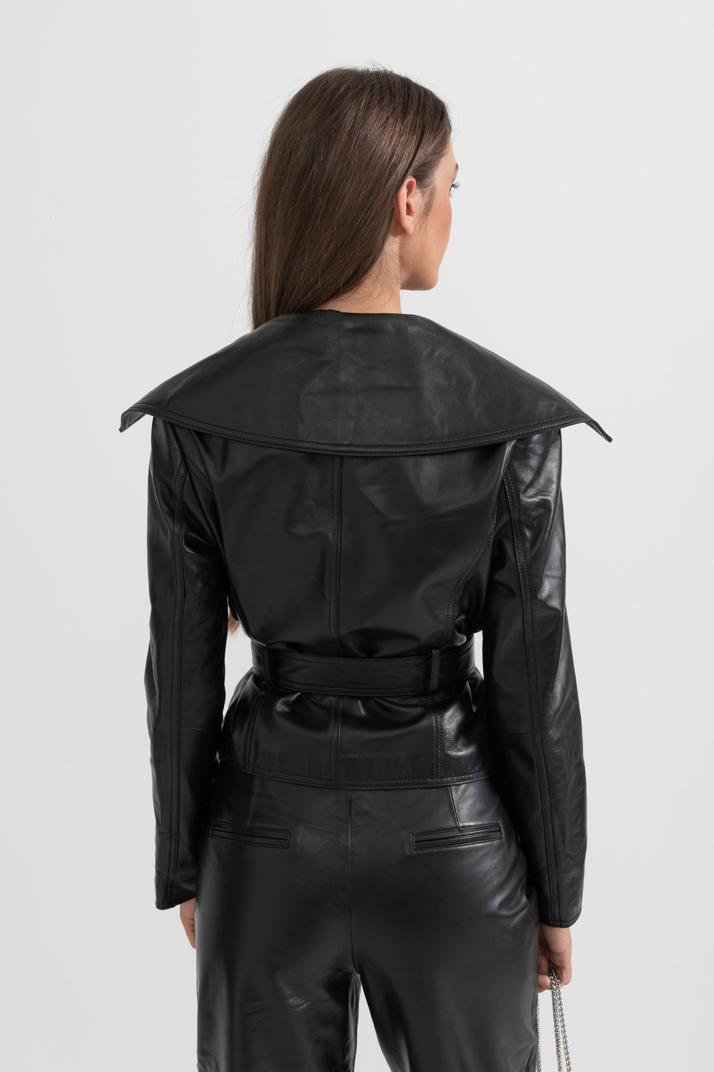 Wide Lapel Leather Jacket With Belt - Black