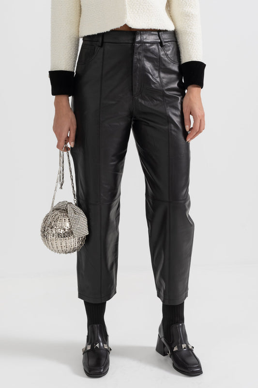 Leather Straight Leg Trousers With Decorative Stitching - Black