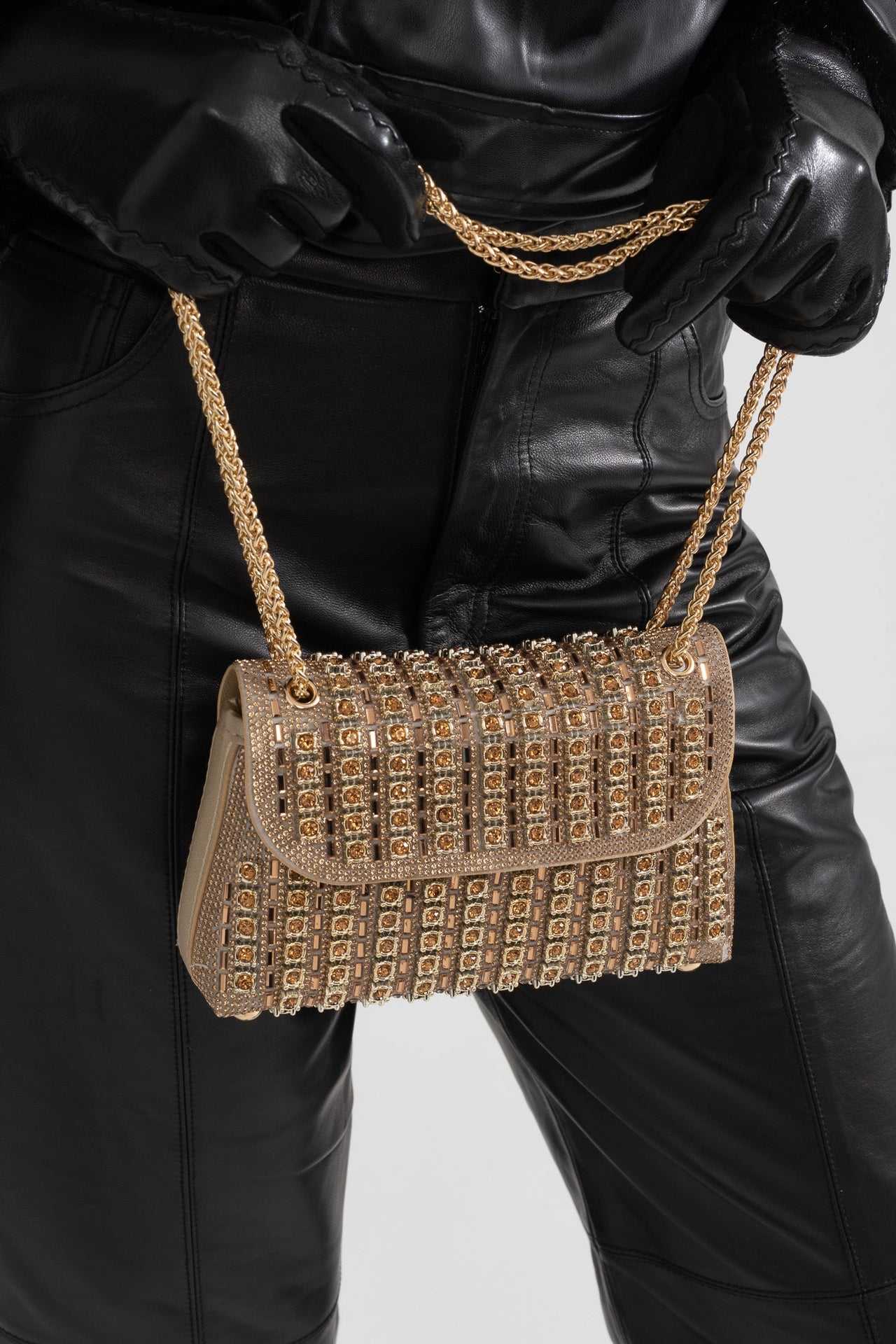 Glistening Woven Handbag With Shimmering Rhinestone Embellishments - Gold