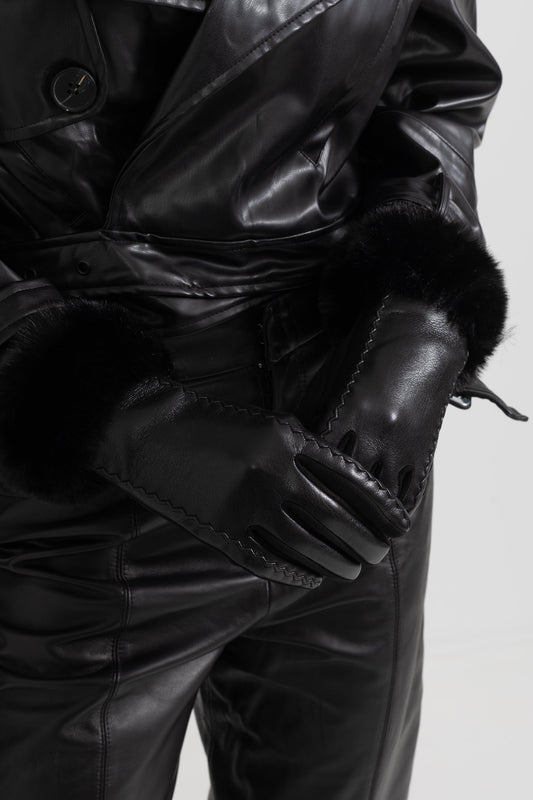 Vegan Leather Gloves With Fur Cuffs - Black