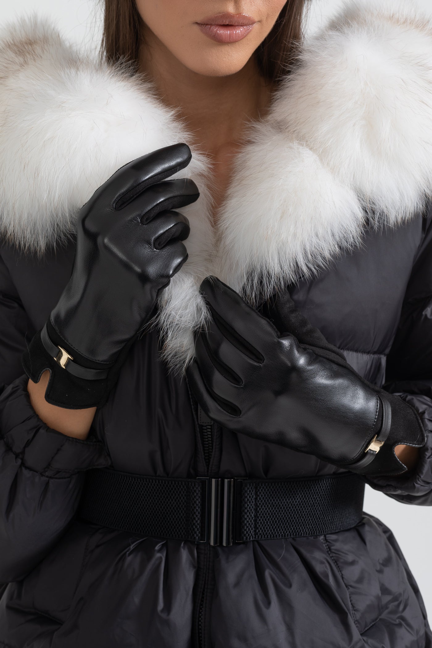 Vegan Leather And Suede Gloves With Gold Buckle Detail - Black