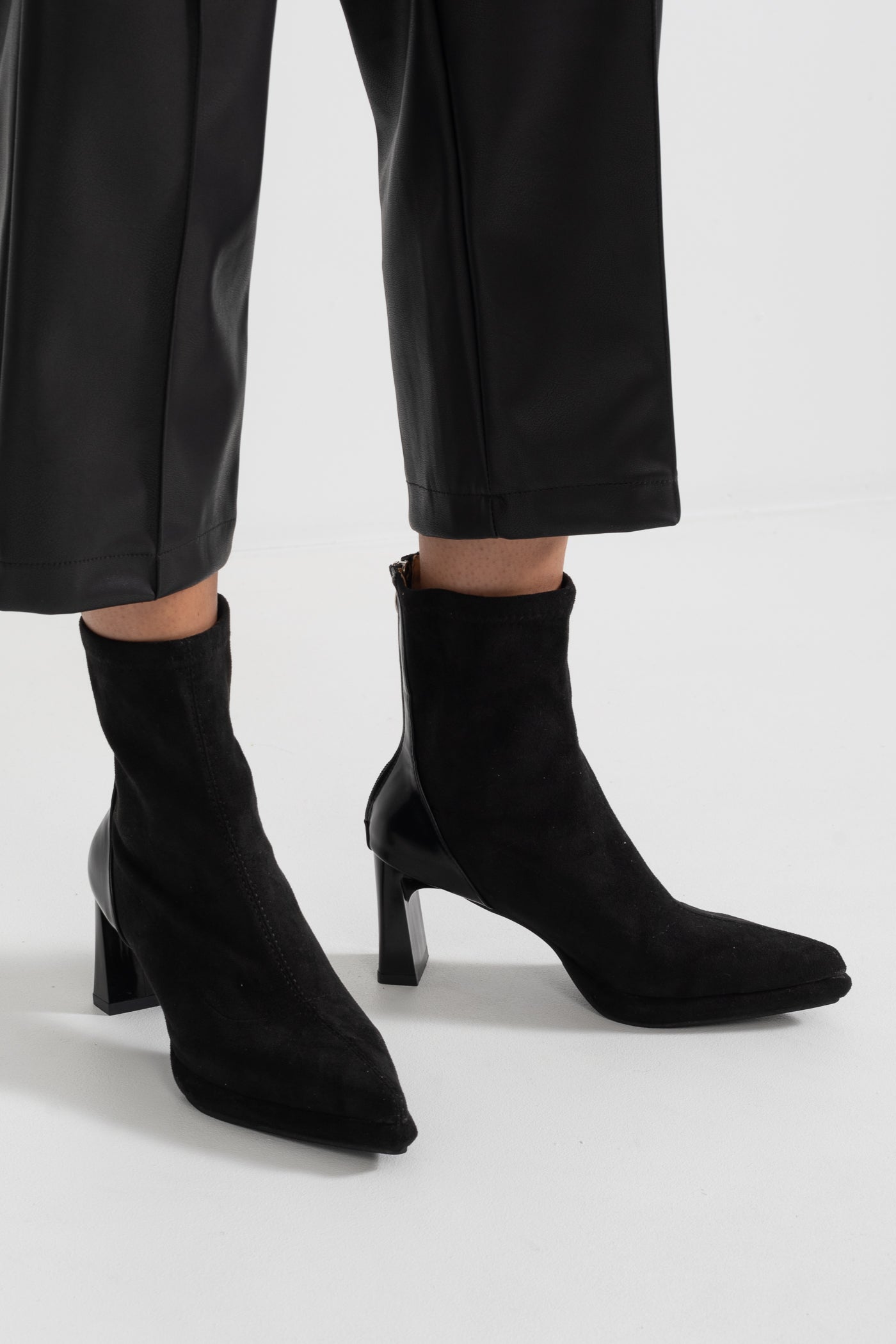 Glossy Heel Suede Ankle Boot - Black