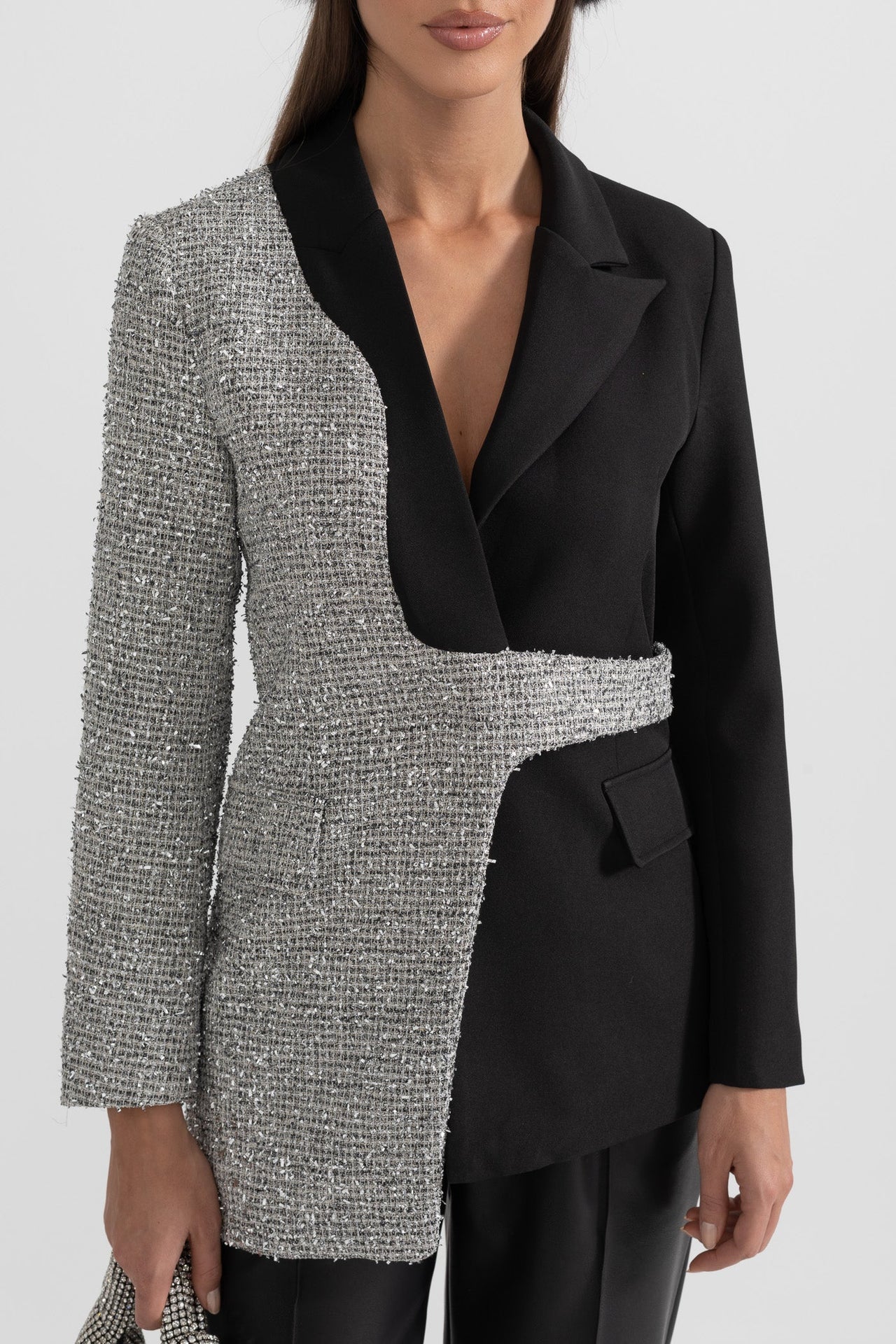 Contemporary Dual-Tone Blazer With Asymmetrical Hem - Black And Silver