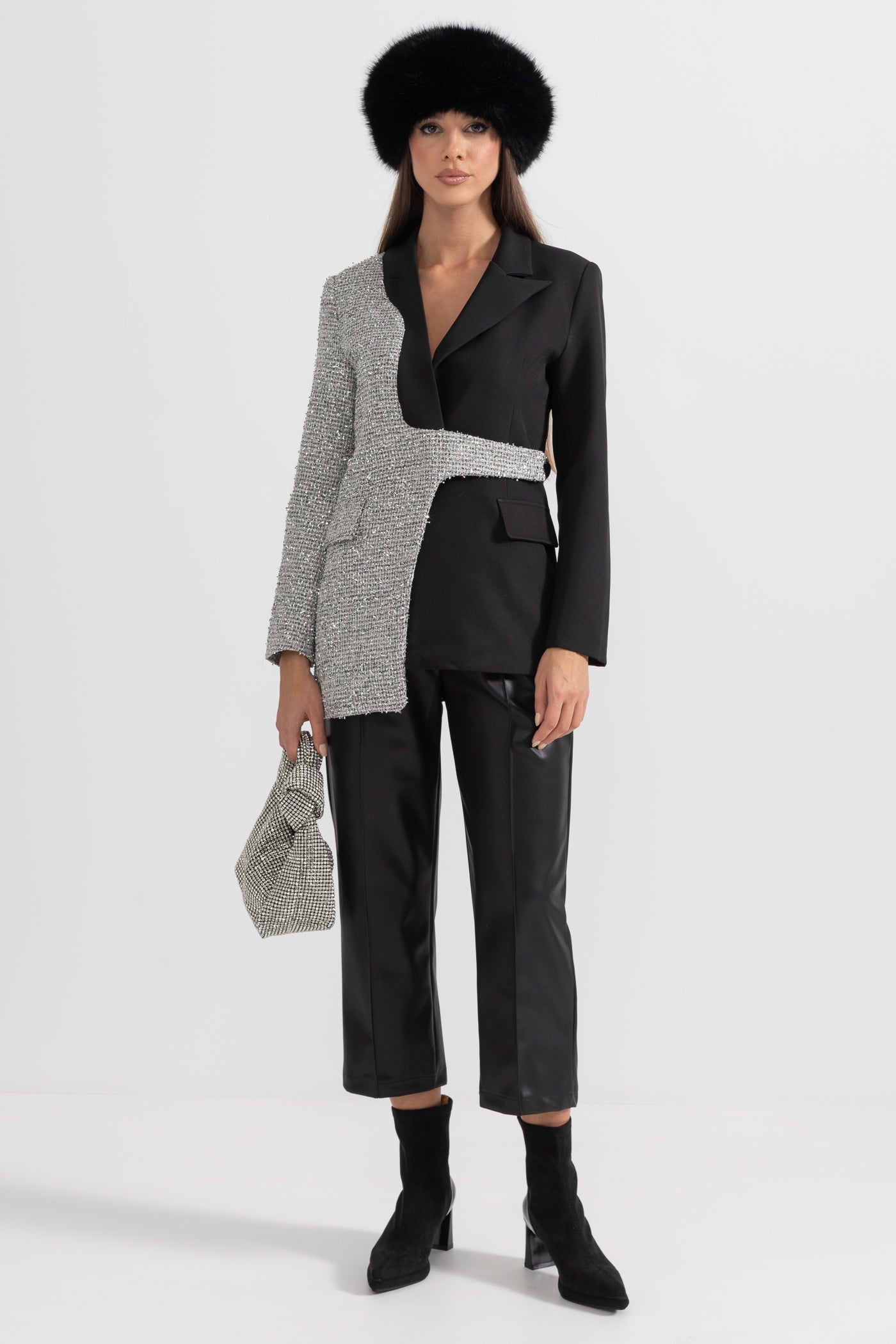 Contemporary Dual-Tone Blazer With Asymmetrical Hem - Black And Silver