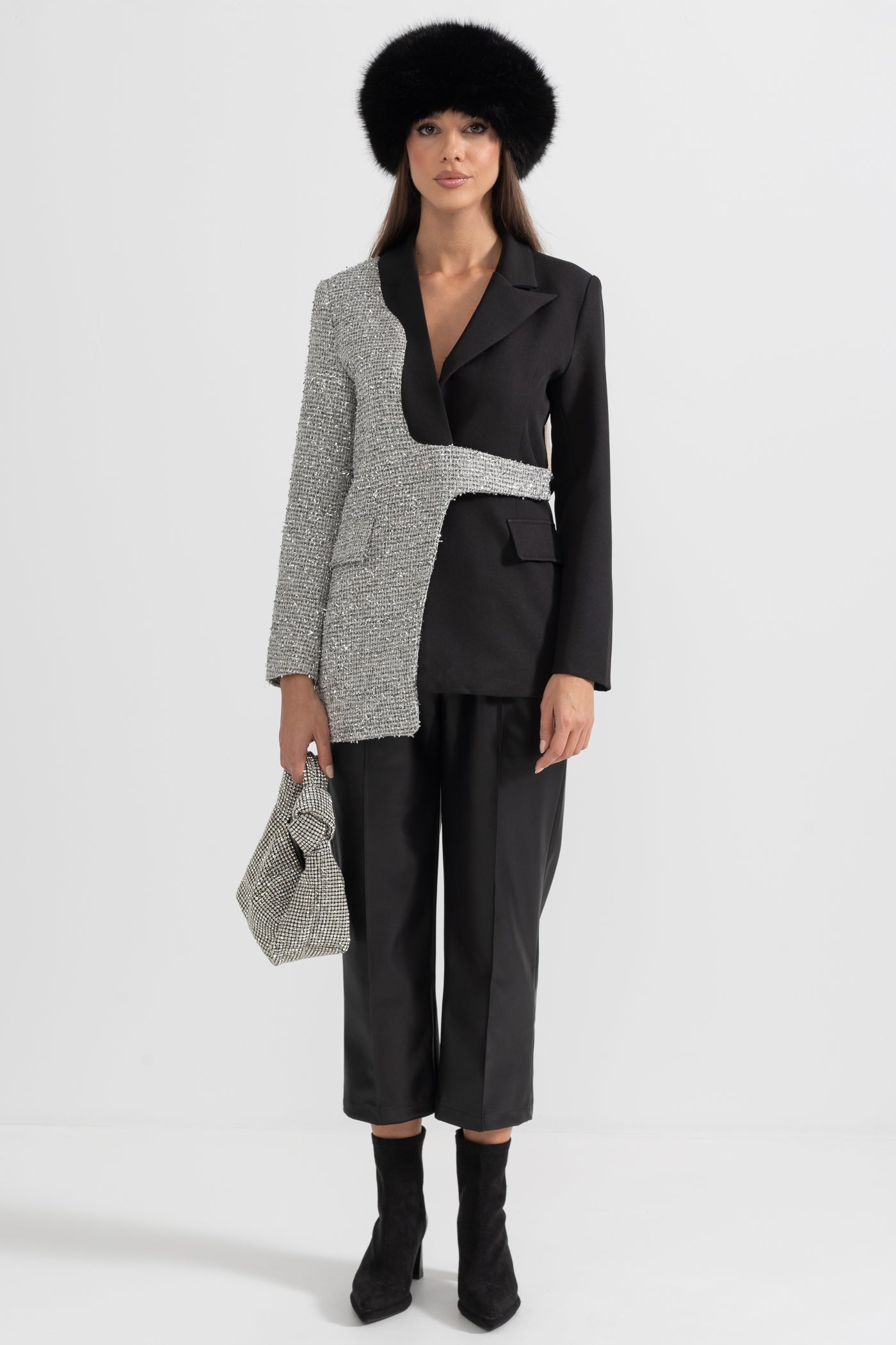 Contemporary Dual-Tone Blazer With Asymmetrical Hem - Black And Silver