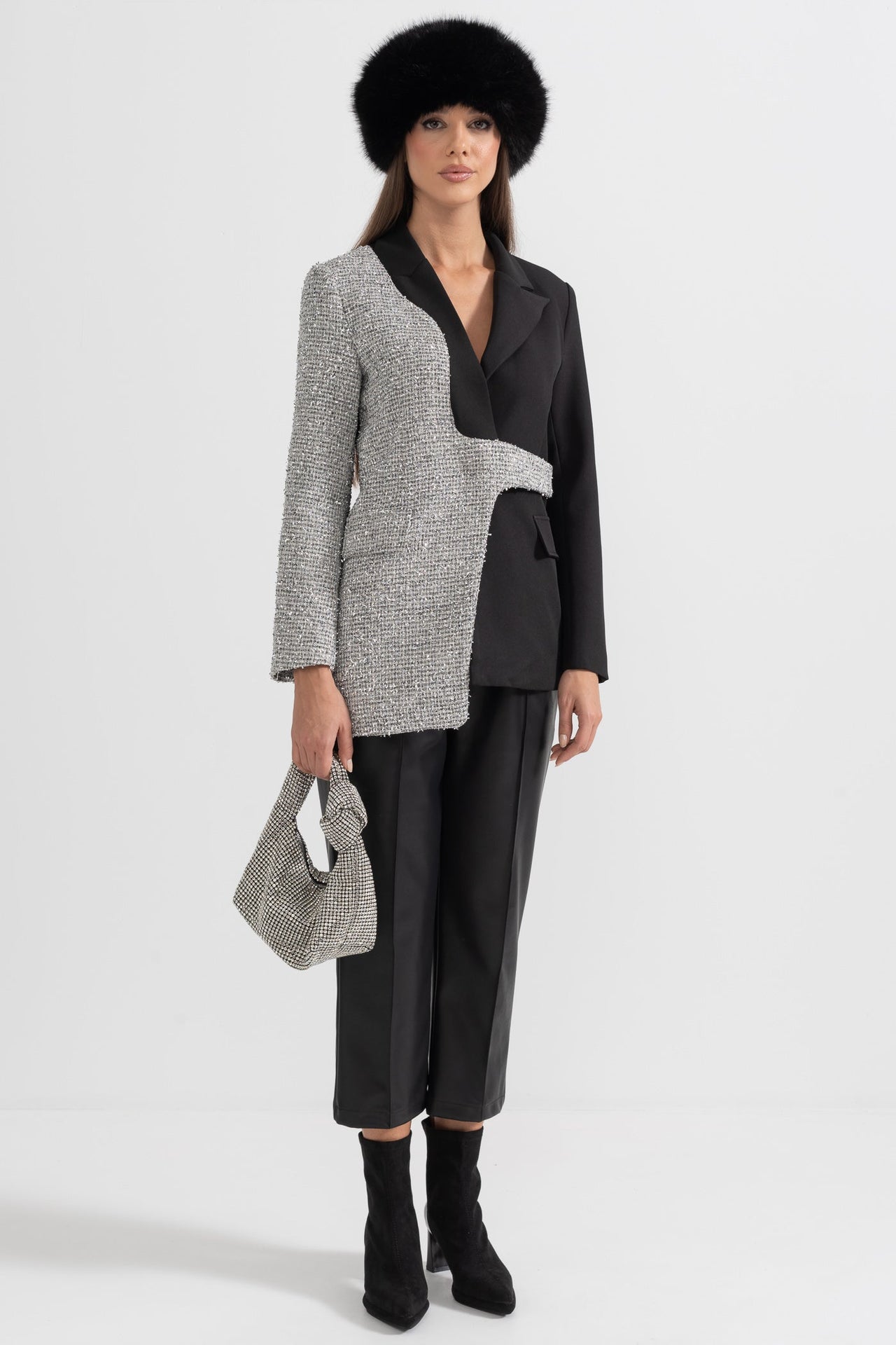 Contemporary Dual-Tone Blazer With Asymmetrical Hem - Black And Silver