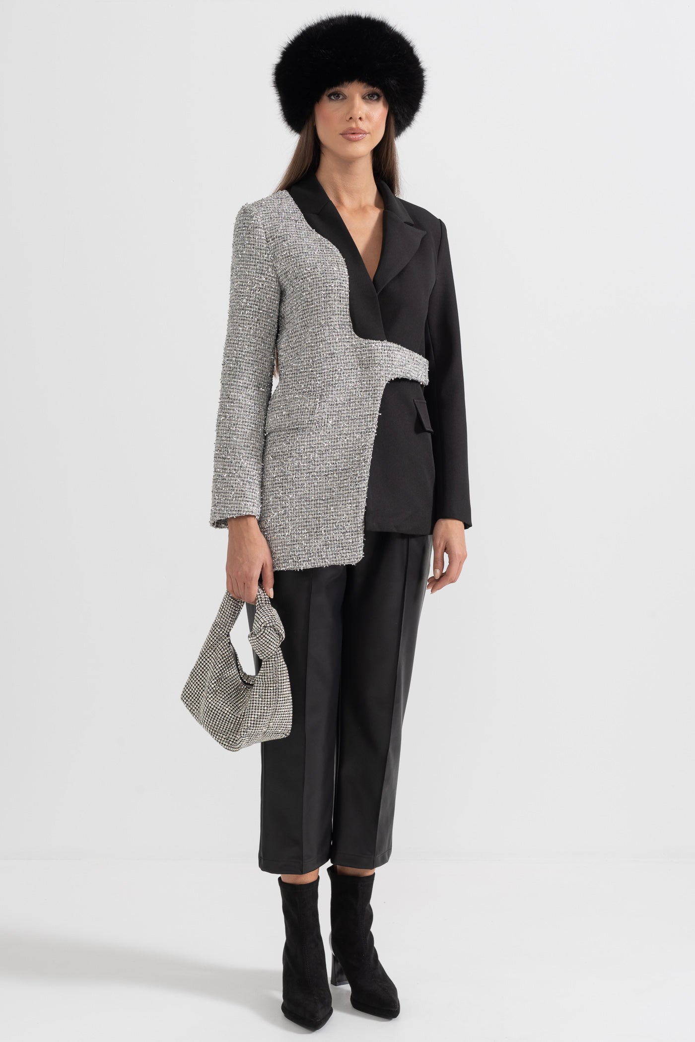 Contemporary Dual-Tone Blazer With Asymmetrical Hem - Black And Silver