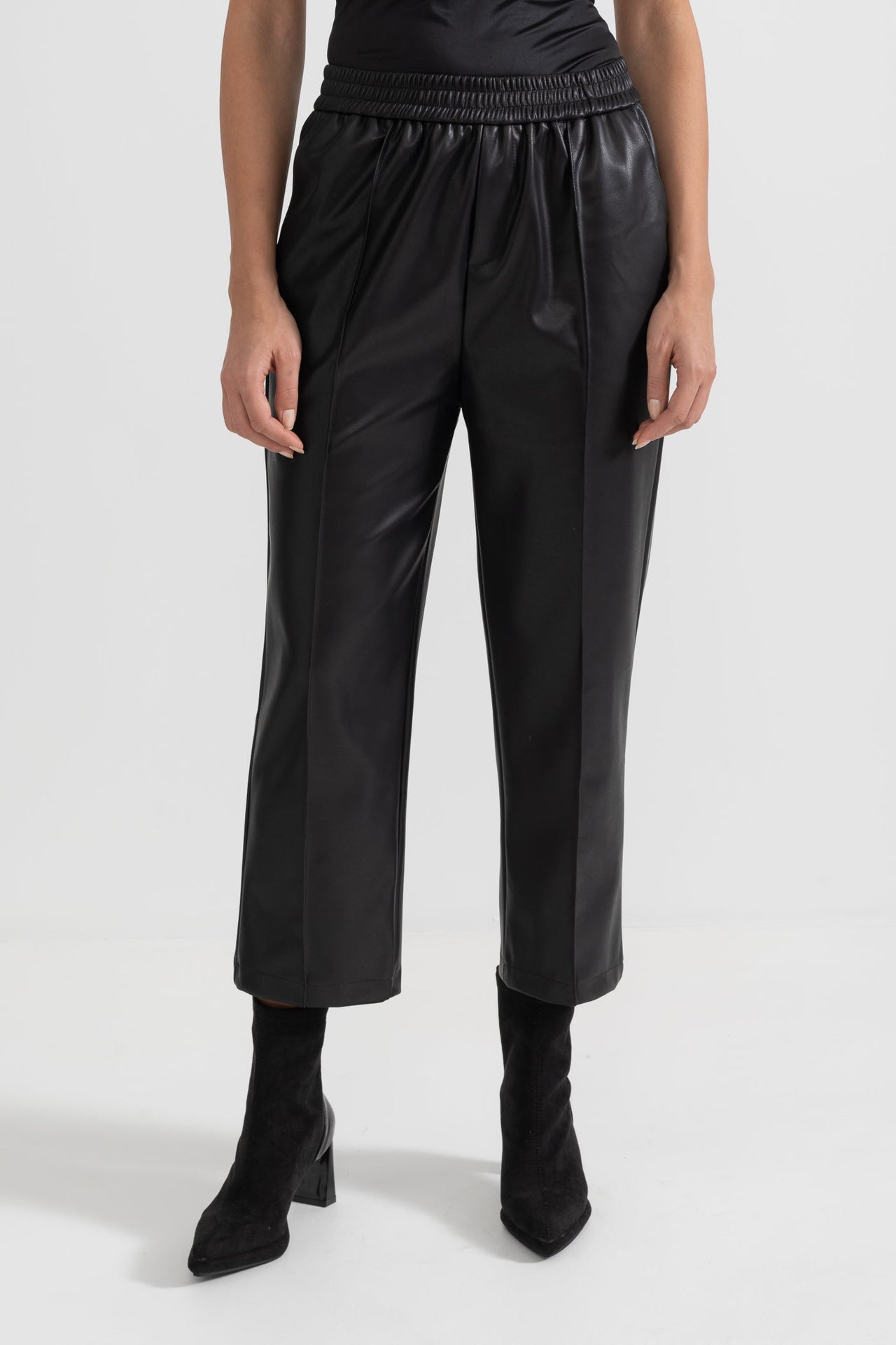 Vegan Leather Trousers With Elastic Waistband - Black