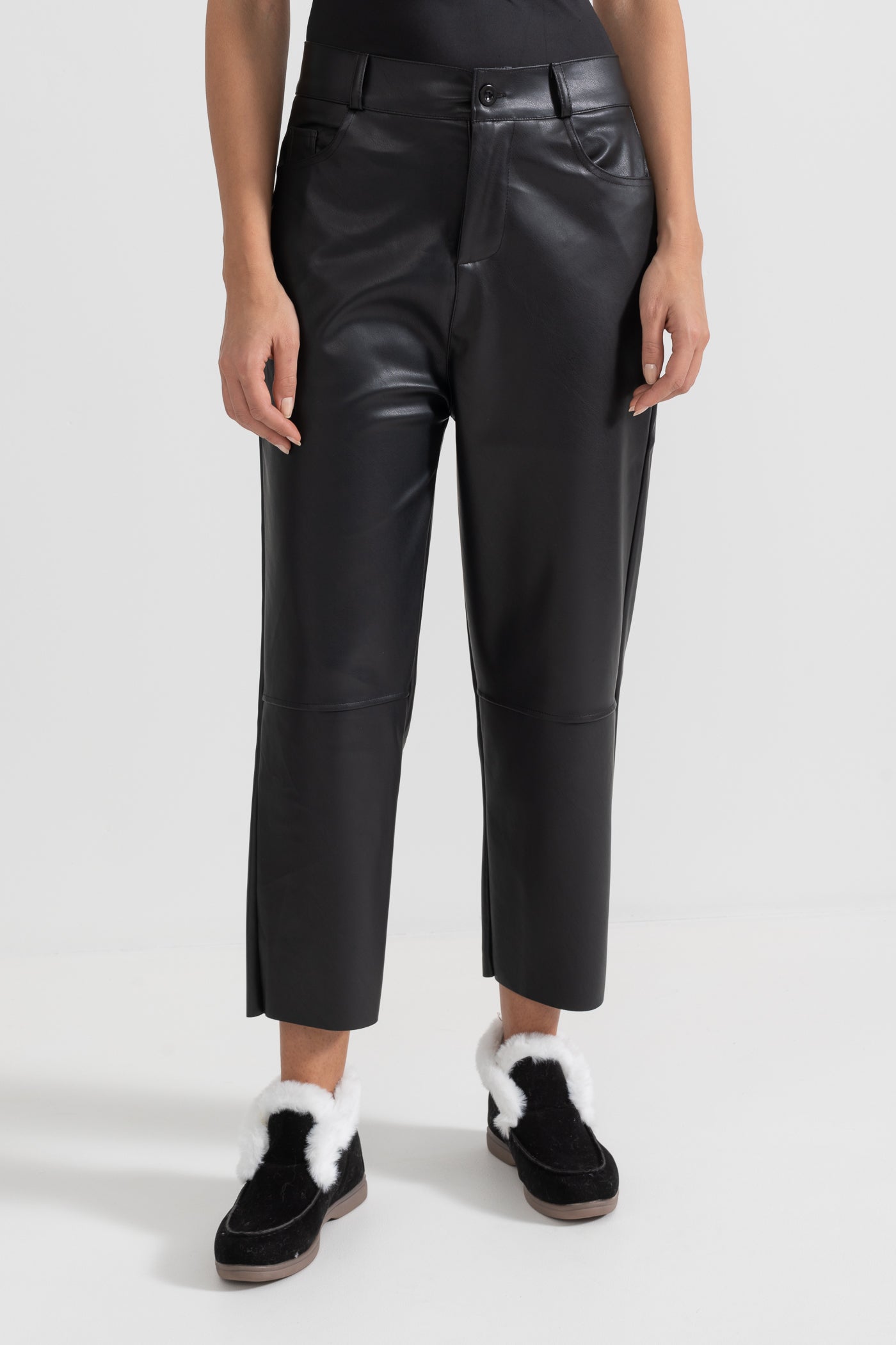 Cropped Vegan Leather Trousers - Black