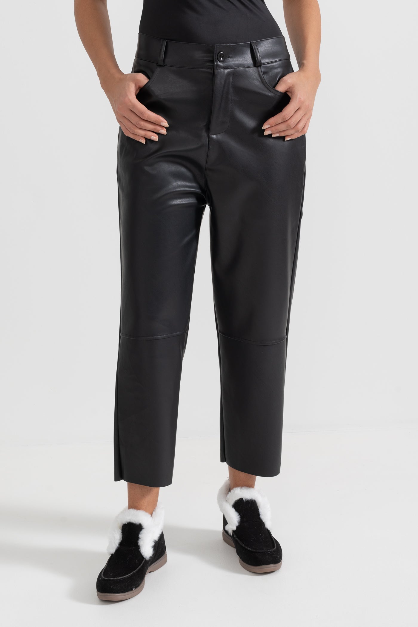 Cropped Vegan Leather Trousers - Black