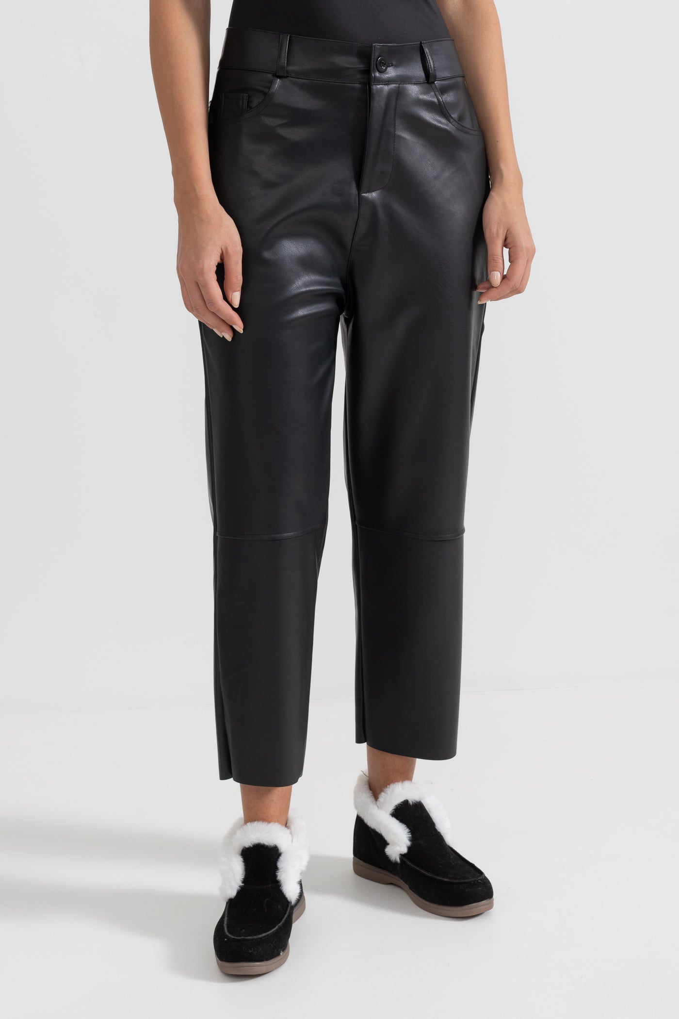 Cropped Vegan Leather Trousers - Black