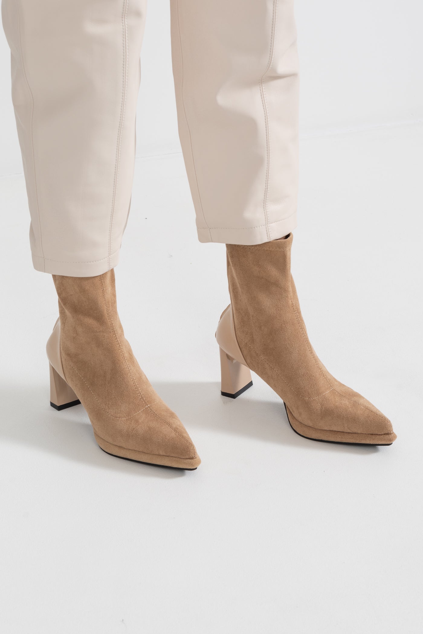 Glossy Heel Suede Ankle Boot - Beige