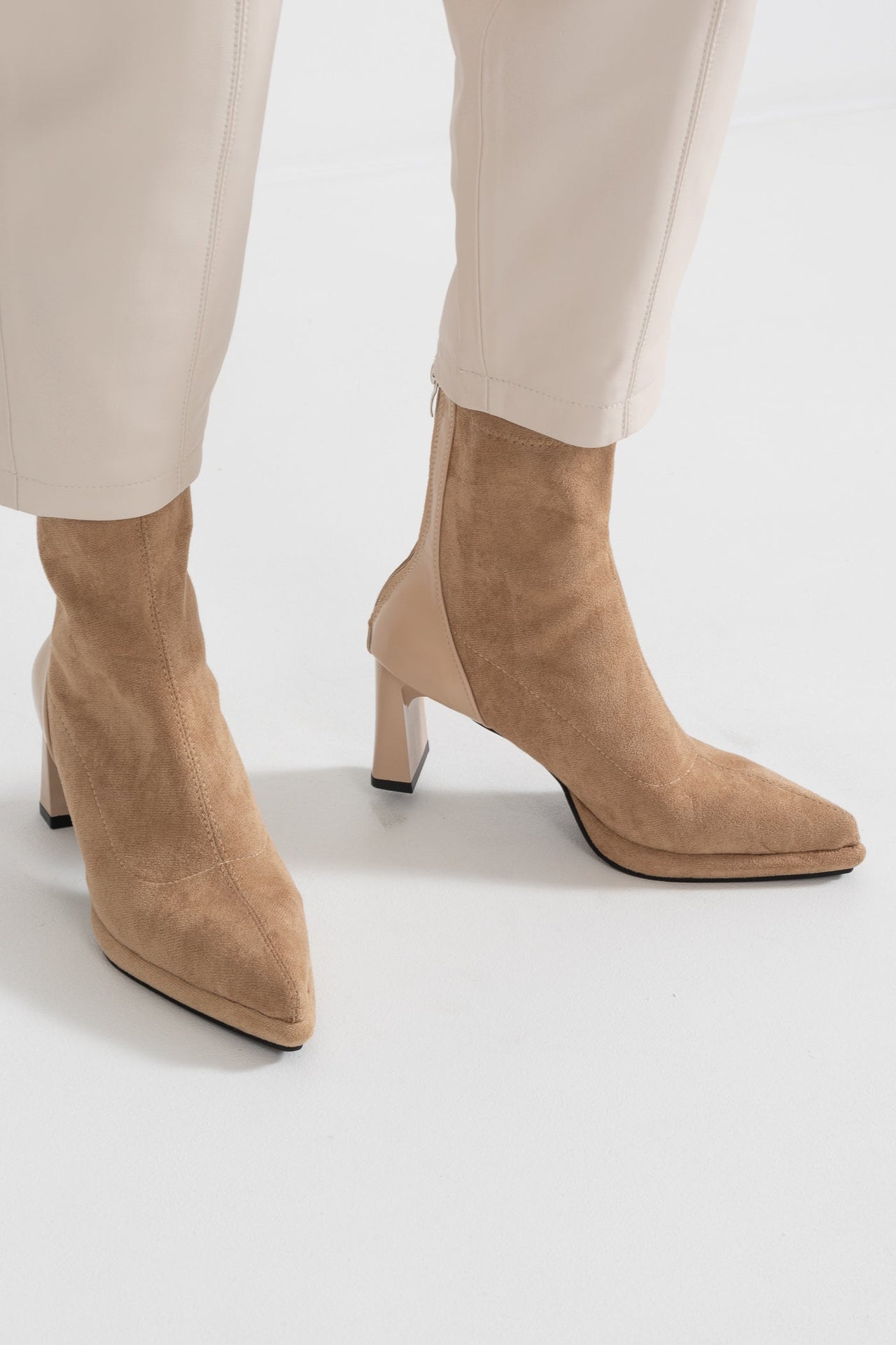 Glossy Heel Suede Ankle Boot - Beige