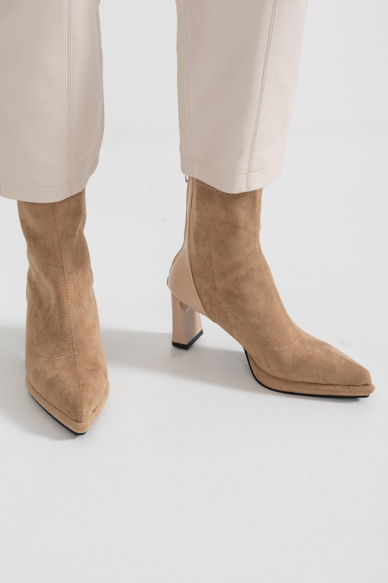 Glossy Heel Suede Ankle Boot - Beige