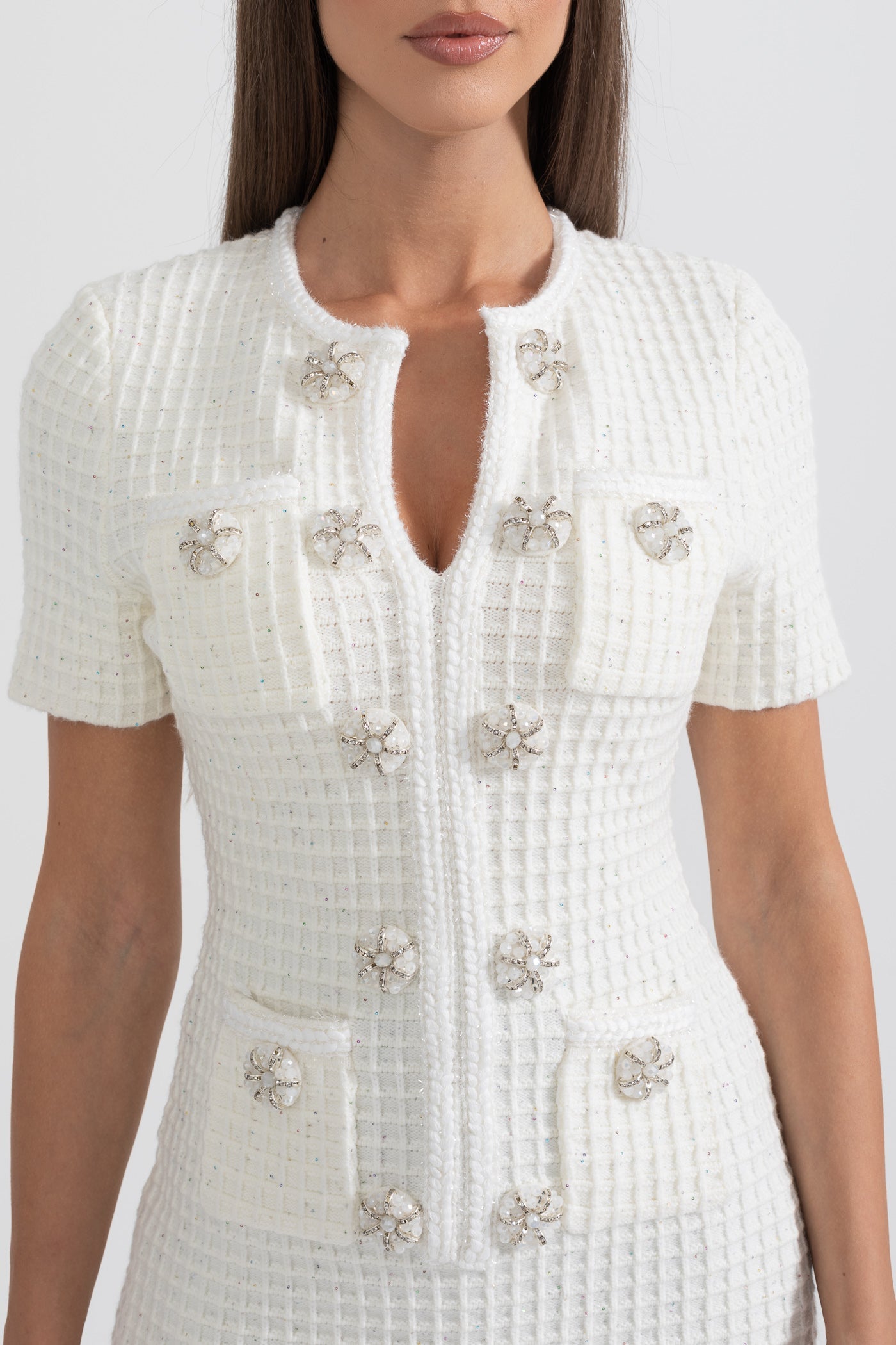 Short Sleeve Knee-Length Knitted Dress - White