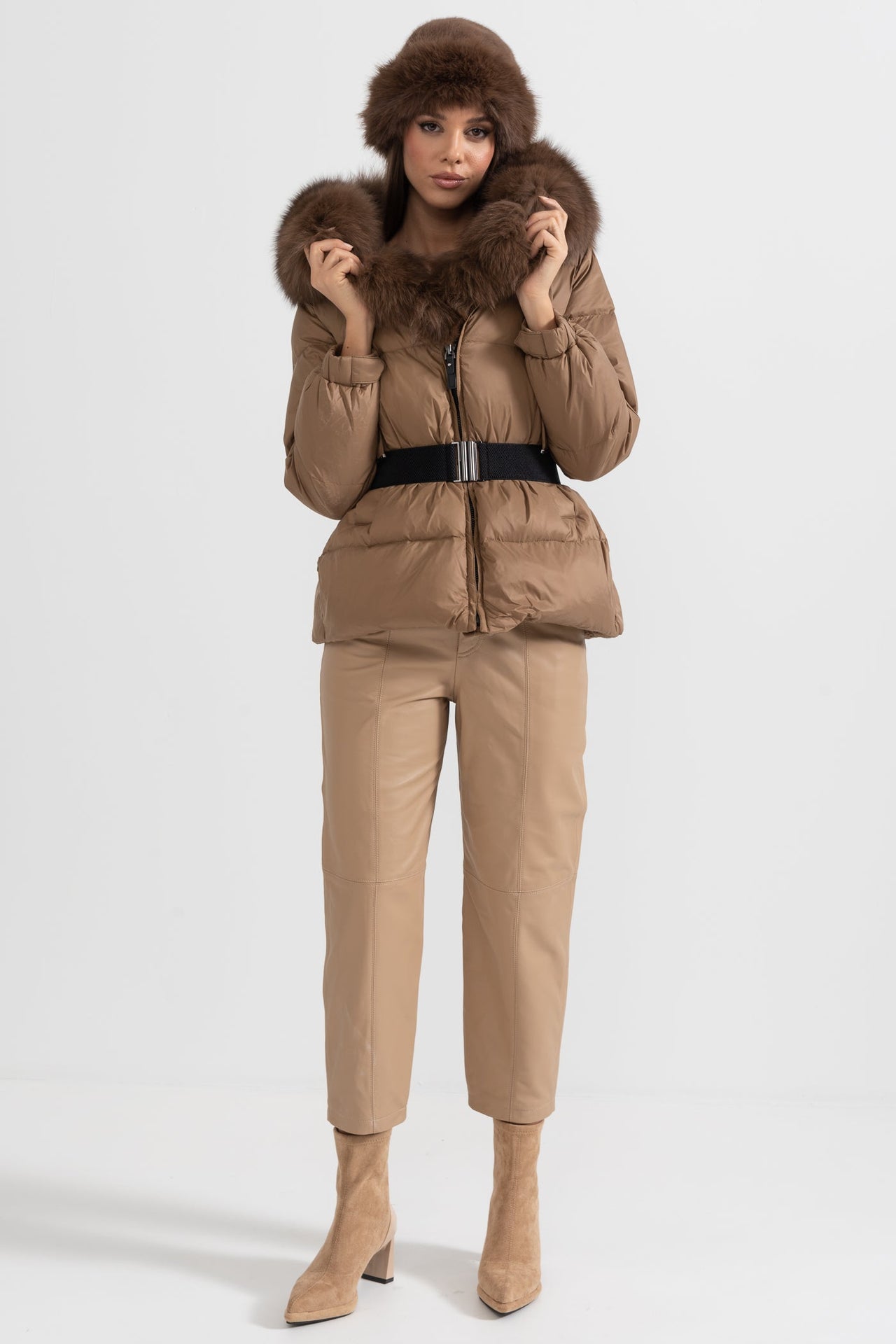 Puffer Jacket With Waistbelt And Brown Fox Fur-Lined Hood - Brown