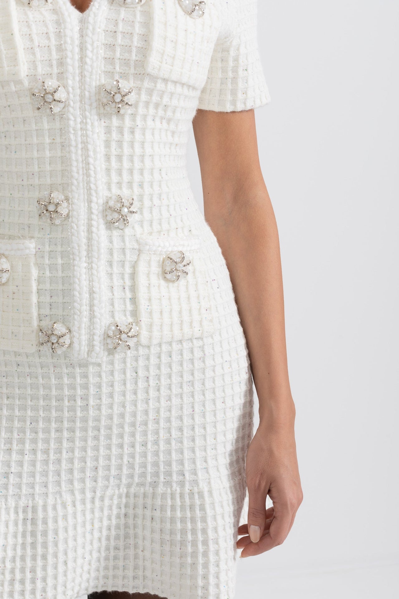 Short Sleeve Knee-Length Knitted Dress - White