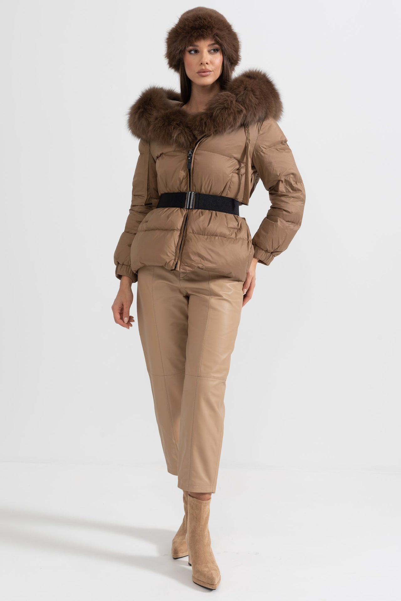 Puffer Jacket With Waistbelt And Brown Fox Fur-Lined Hood - Brown