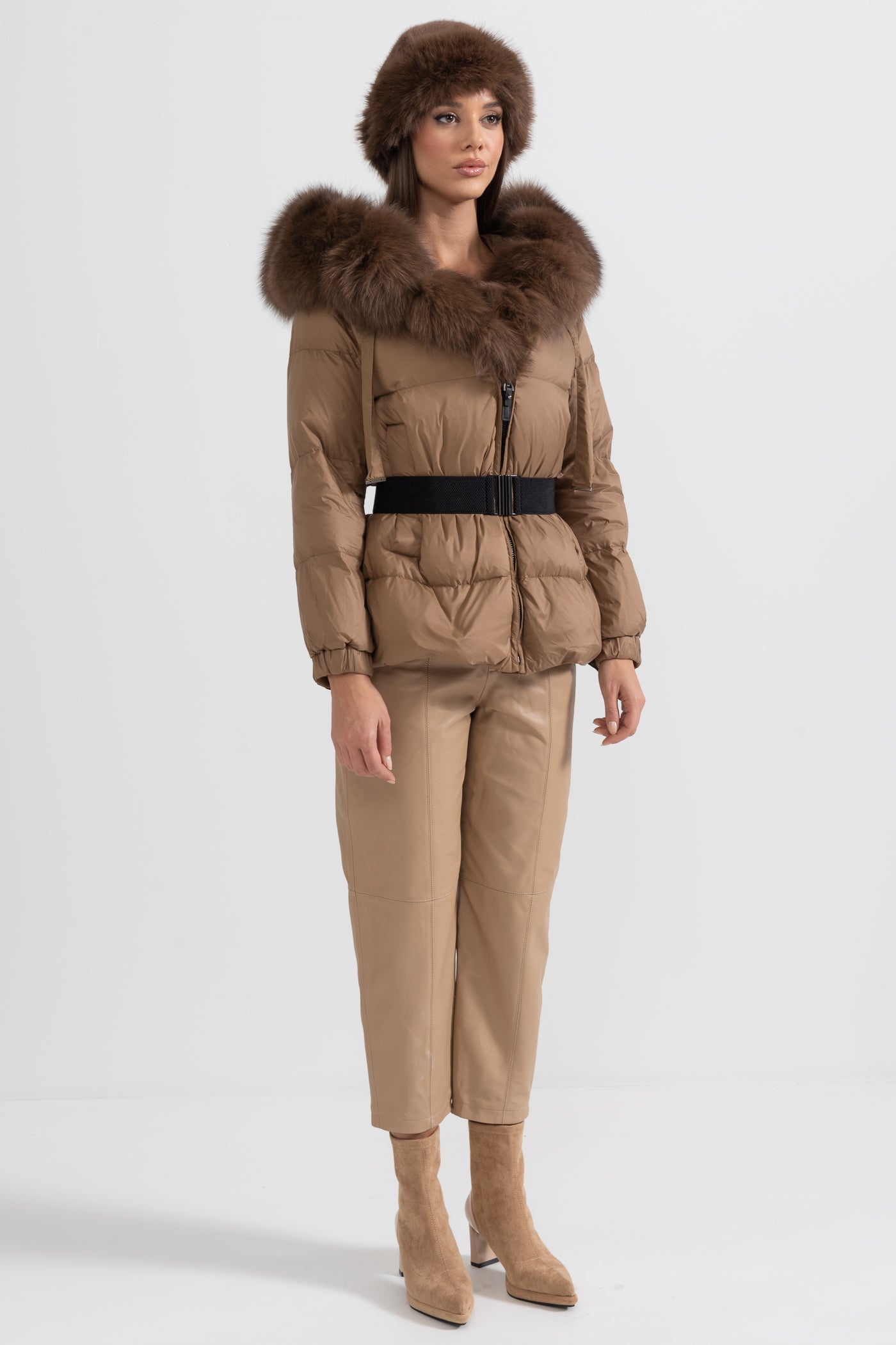 Puffer Jacket With Waistbelt And Brown Fox Fur-Lined Hood - Brown