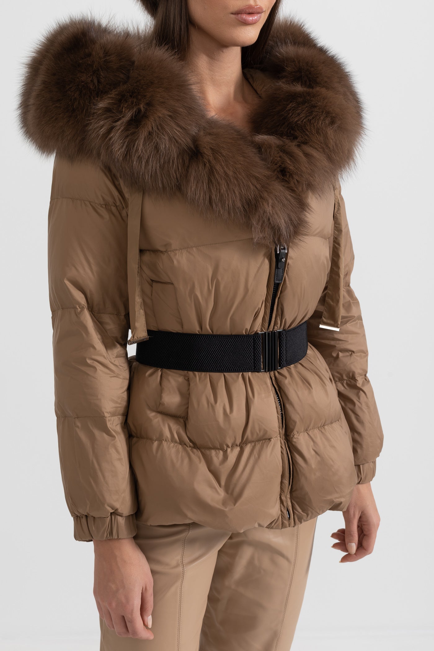 Puffer Jacket With Waistbelt And Brown Fox Fur-Lined Hood - Brown