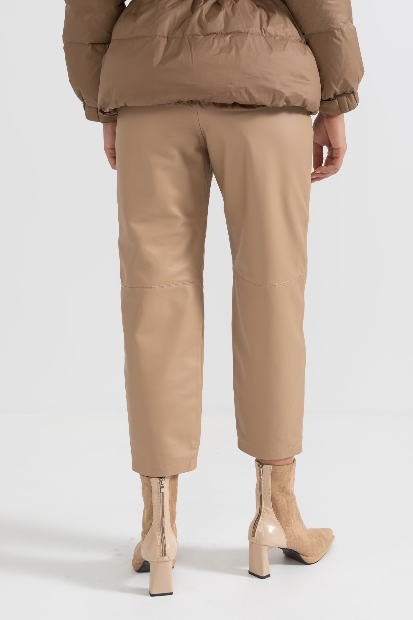 Leather Straight Leg Trousers With Decorative Stitching - Beige