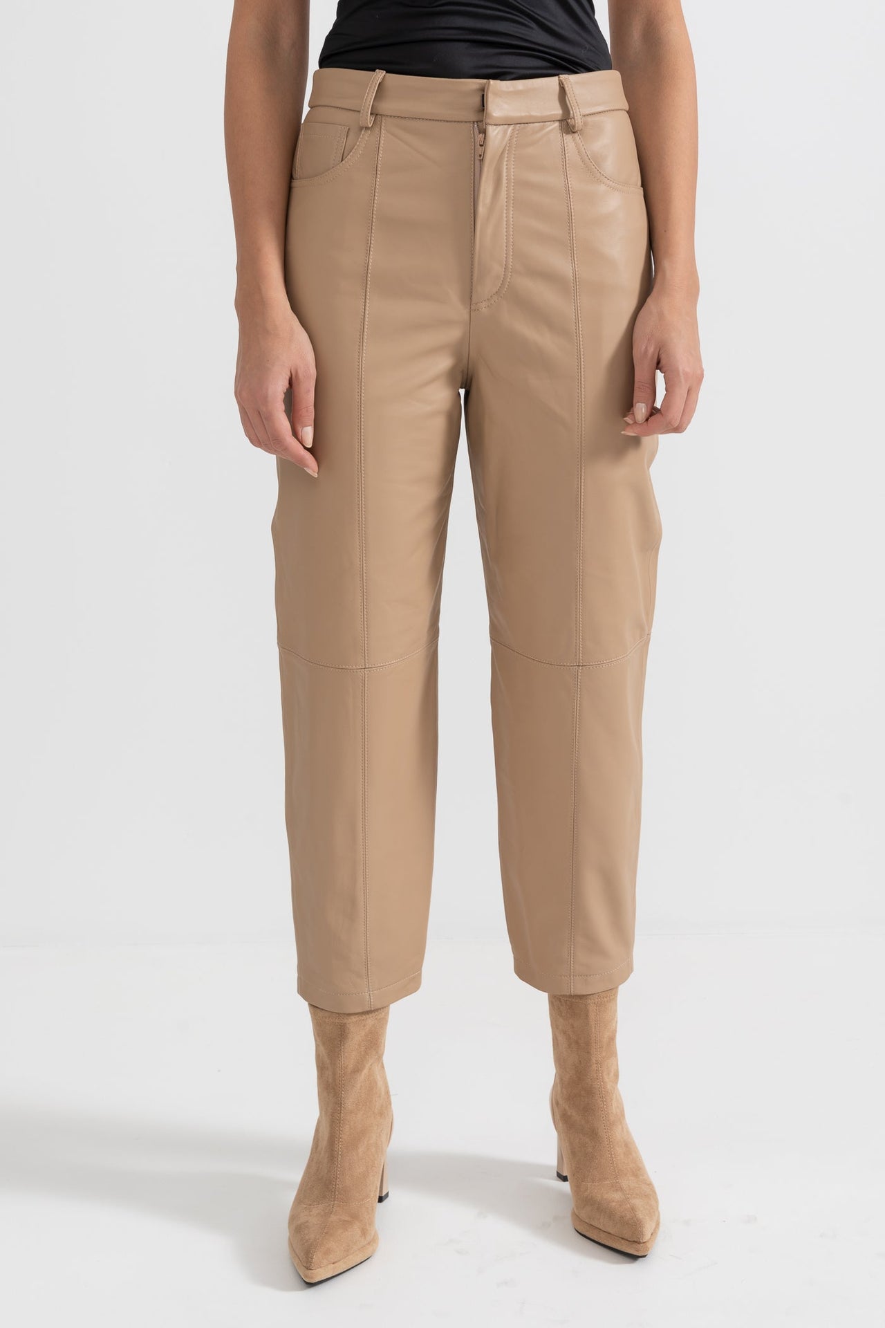 Leather Straight Leg Trousers With Decorative Stitching - Beige