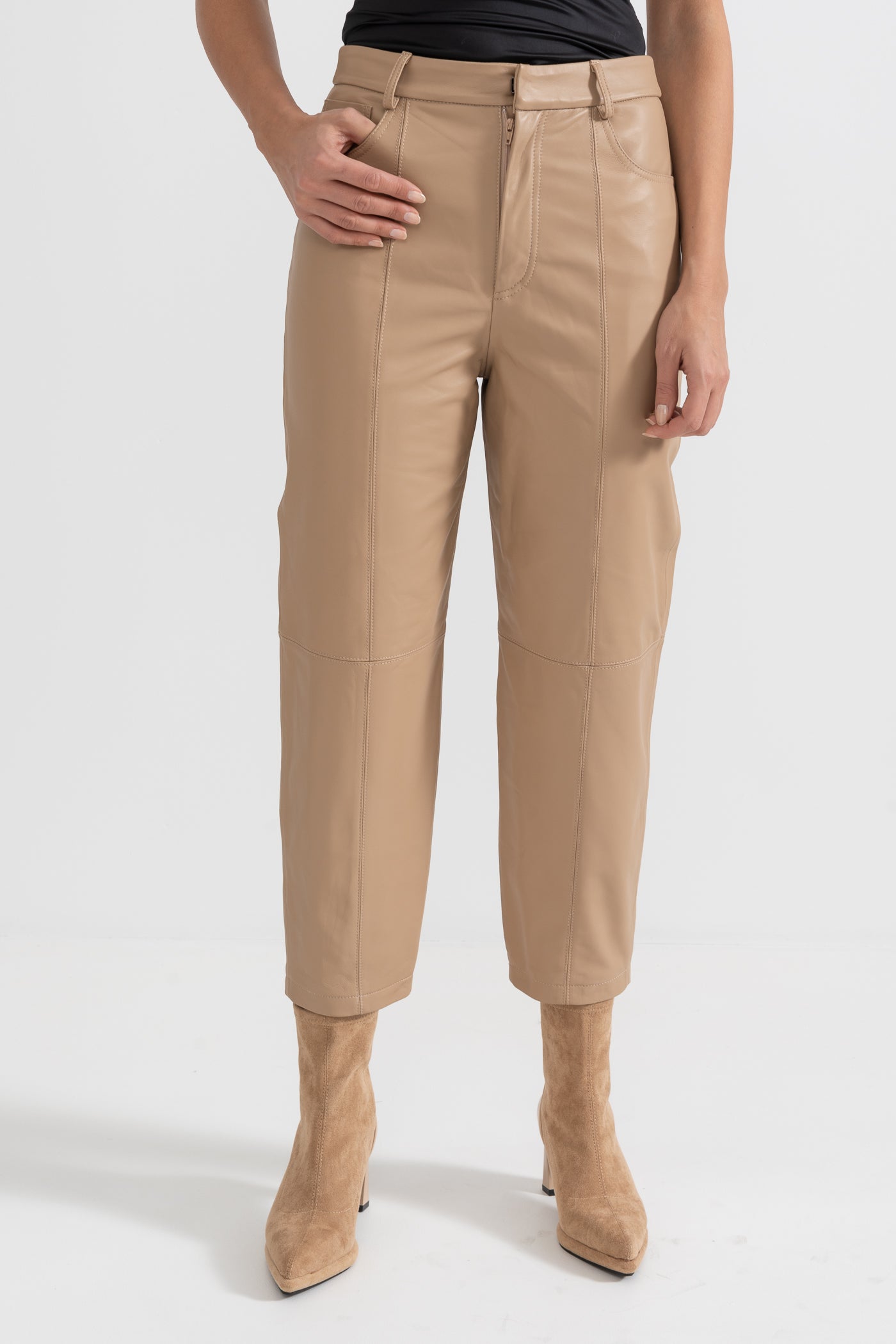 Leather Straight Leg Trousers With Decorative Stitching - Beige