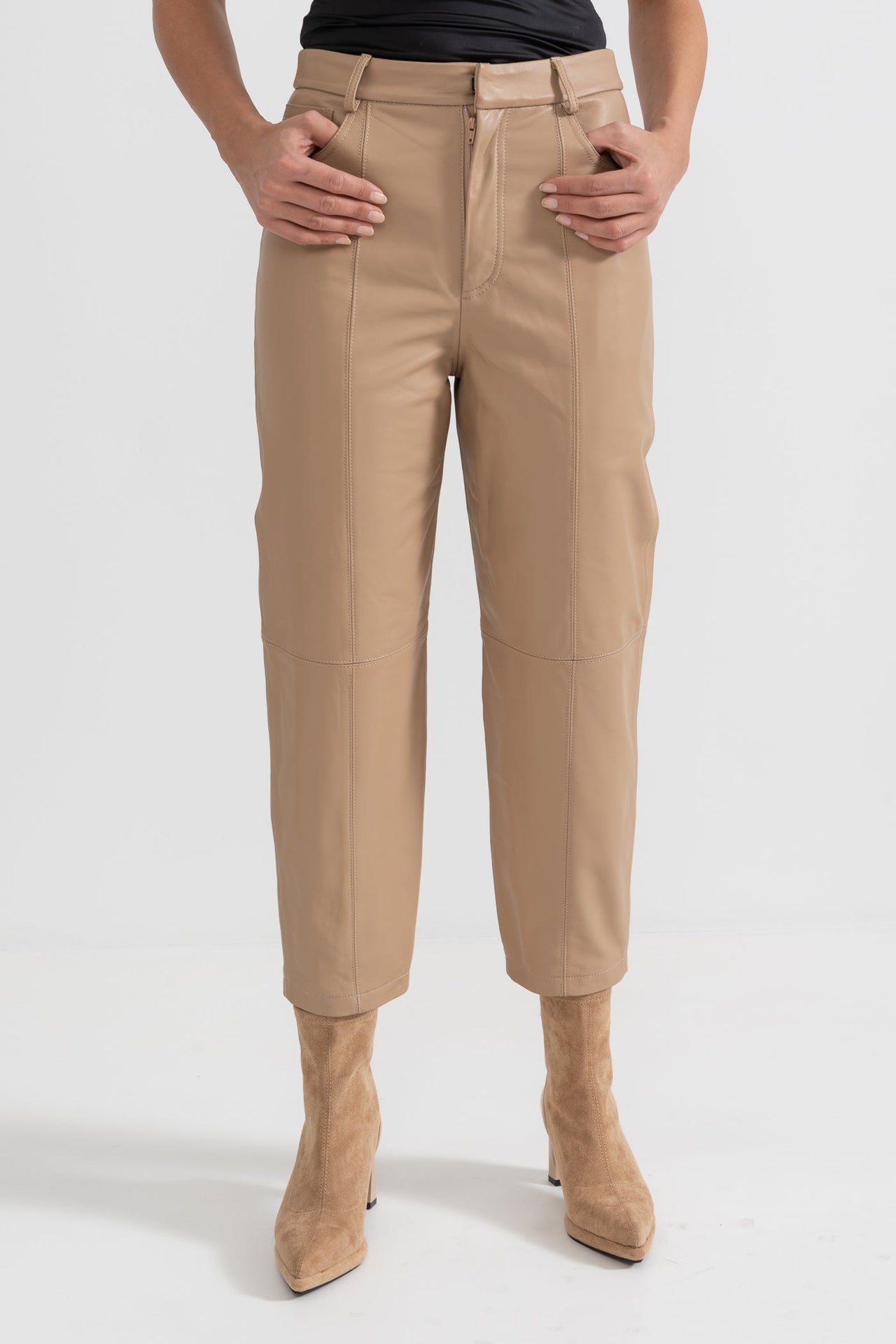 Leather Straight Leg Trousers With Decorative Stitching - Beige