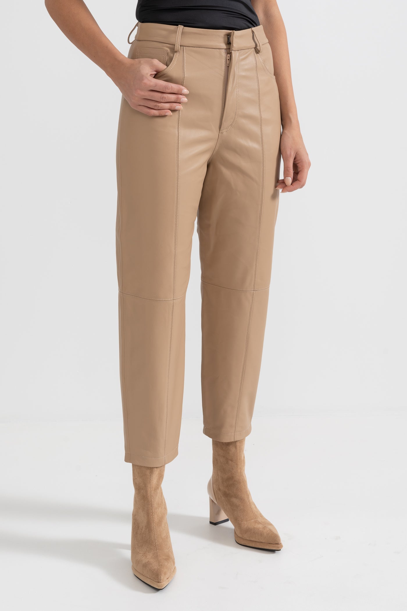 Leather Straight Leg Trousers With Decorative Stitching - Beige