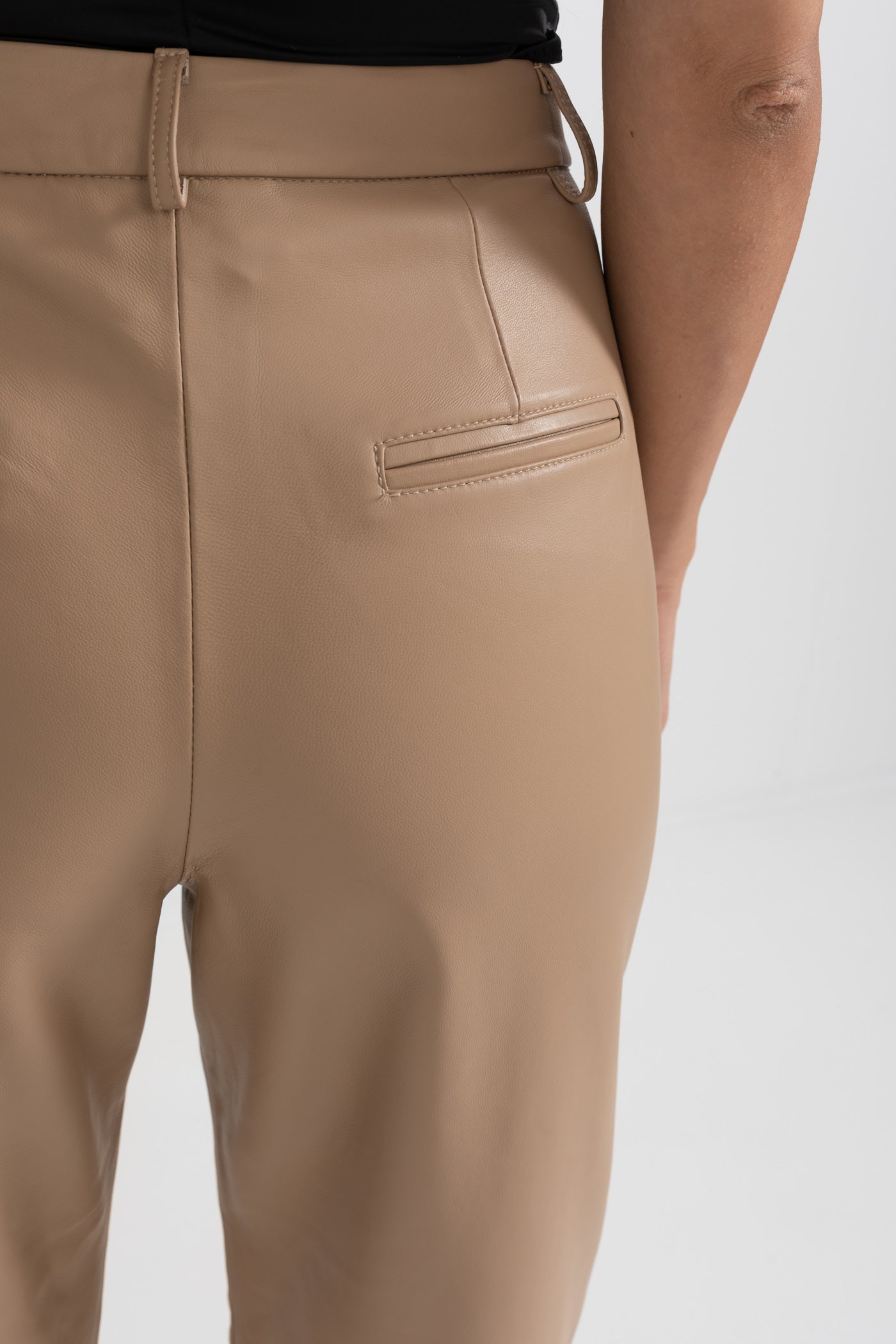 Leather Straight Leg Trousers With Decorative Stitching - Beige