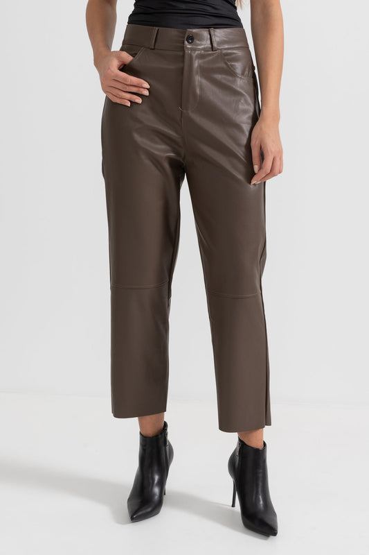 Cropped Vegan Leather Trousers - Brown