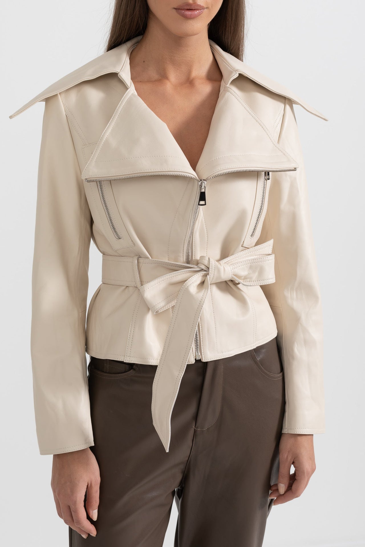 Wide Lapel Leather Jacket With Belt - Ivoire