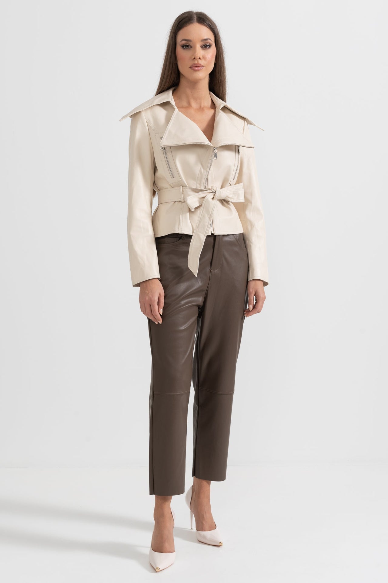 Wide Lapel Leather Jacket With Belt - Ivoire