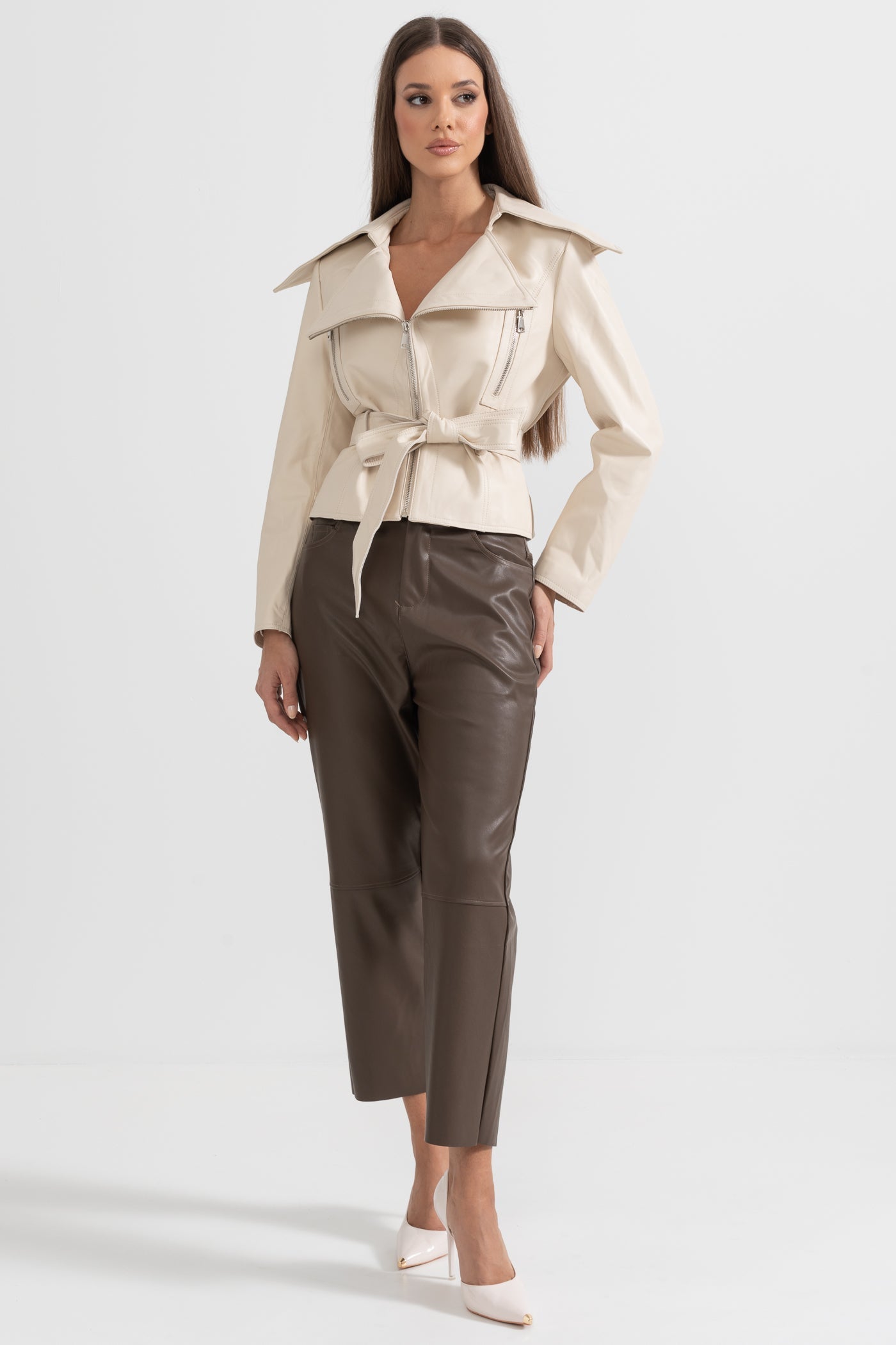 Wide Lapel Leather Jacket With Belt - Ivoire