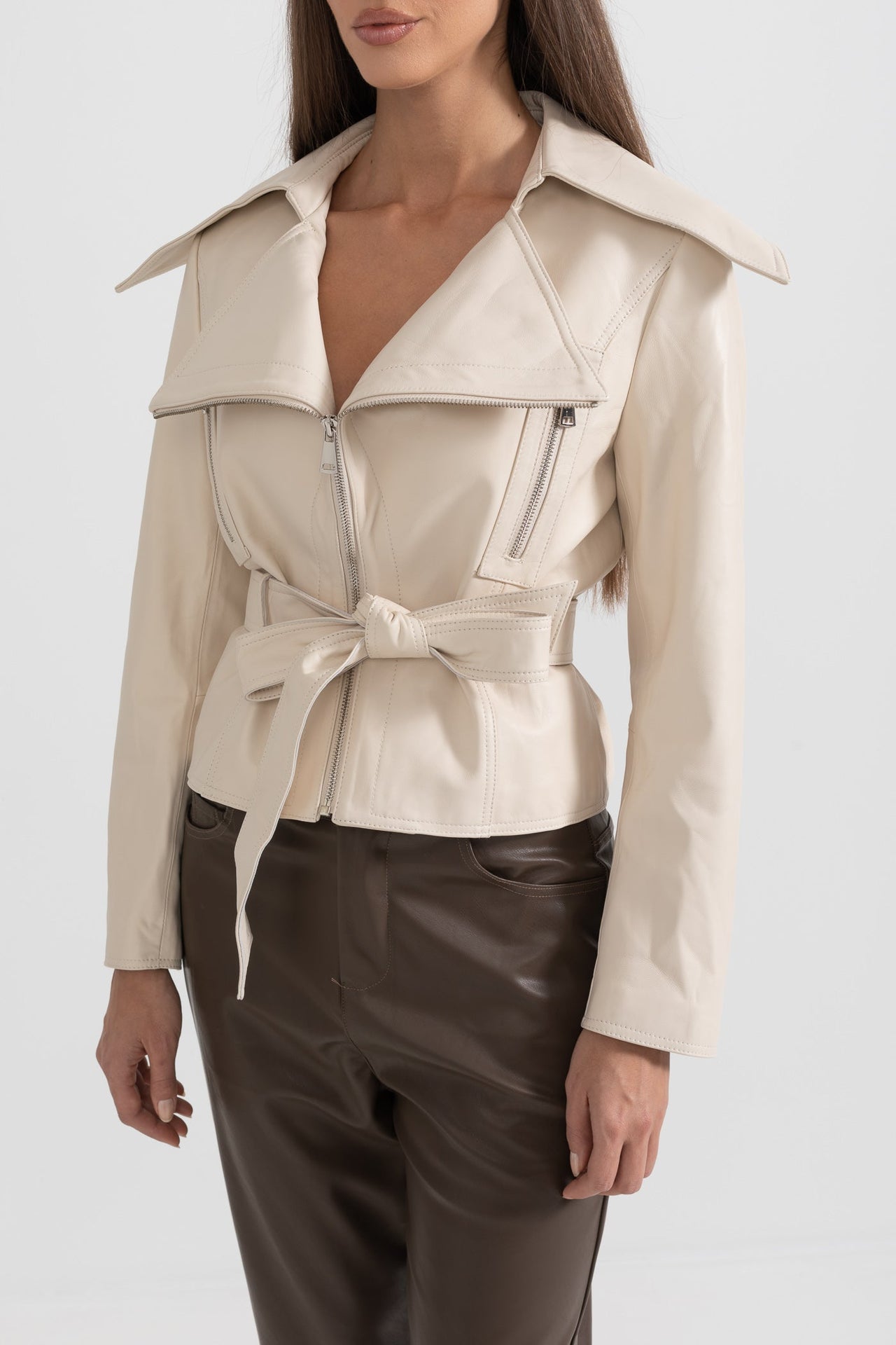 Wide Lapel Leather Jacket With Belt - Ivoire