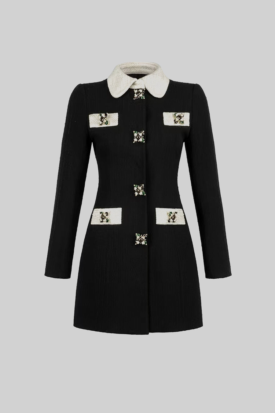 Elegant Buttoned Dress With Contrasting Collar And Pockets - Black