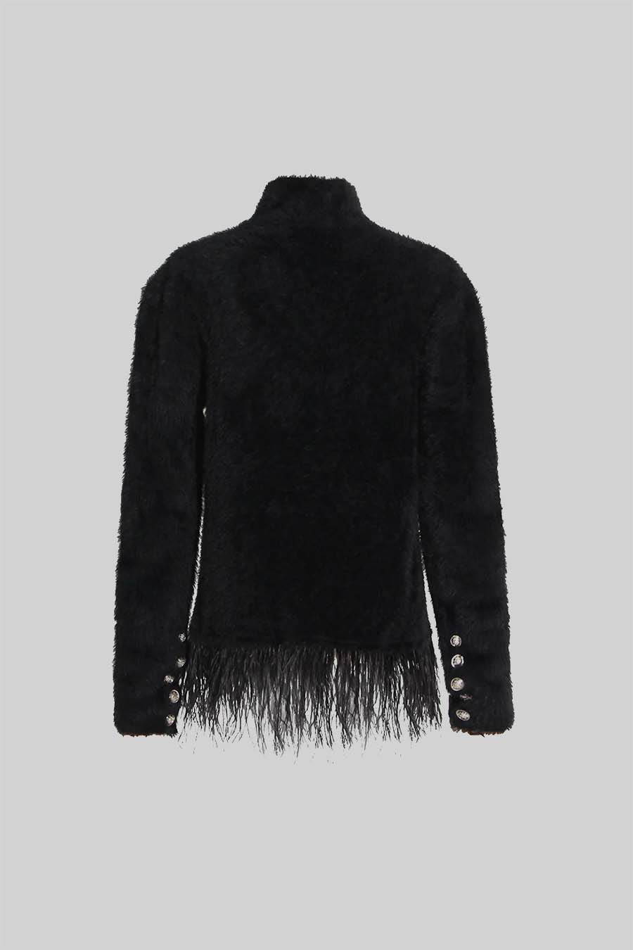 Double Breasted Textured Jacket With Fringed Hem - Black