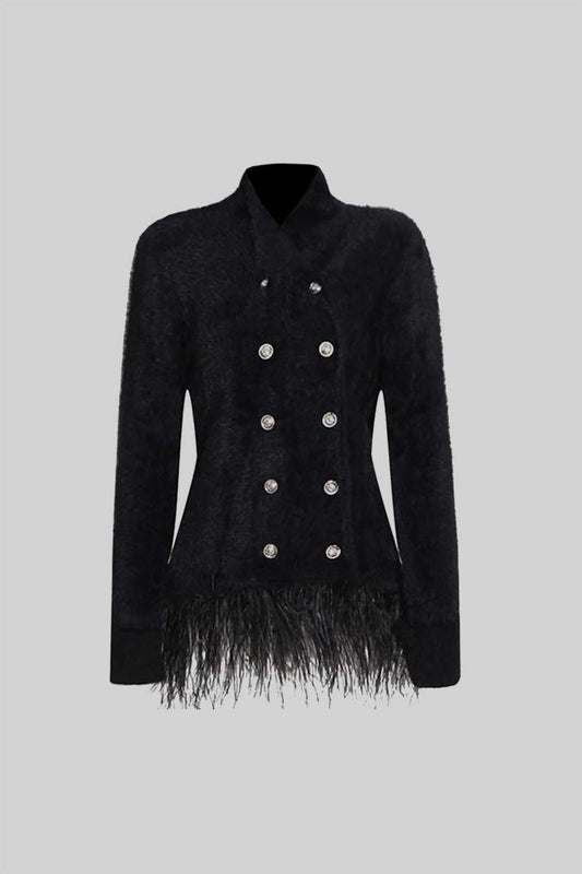 Double Breasted Textured Jacket With Fringed Hem - Black