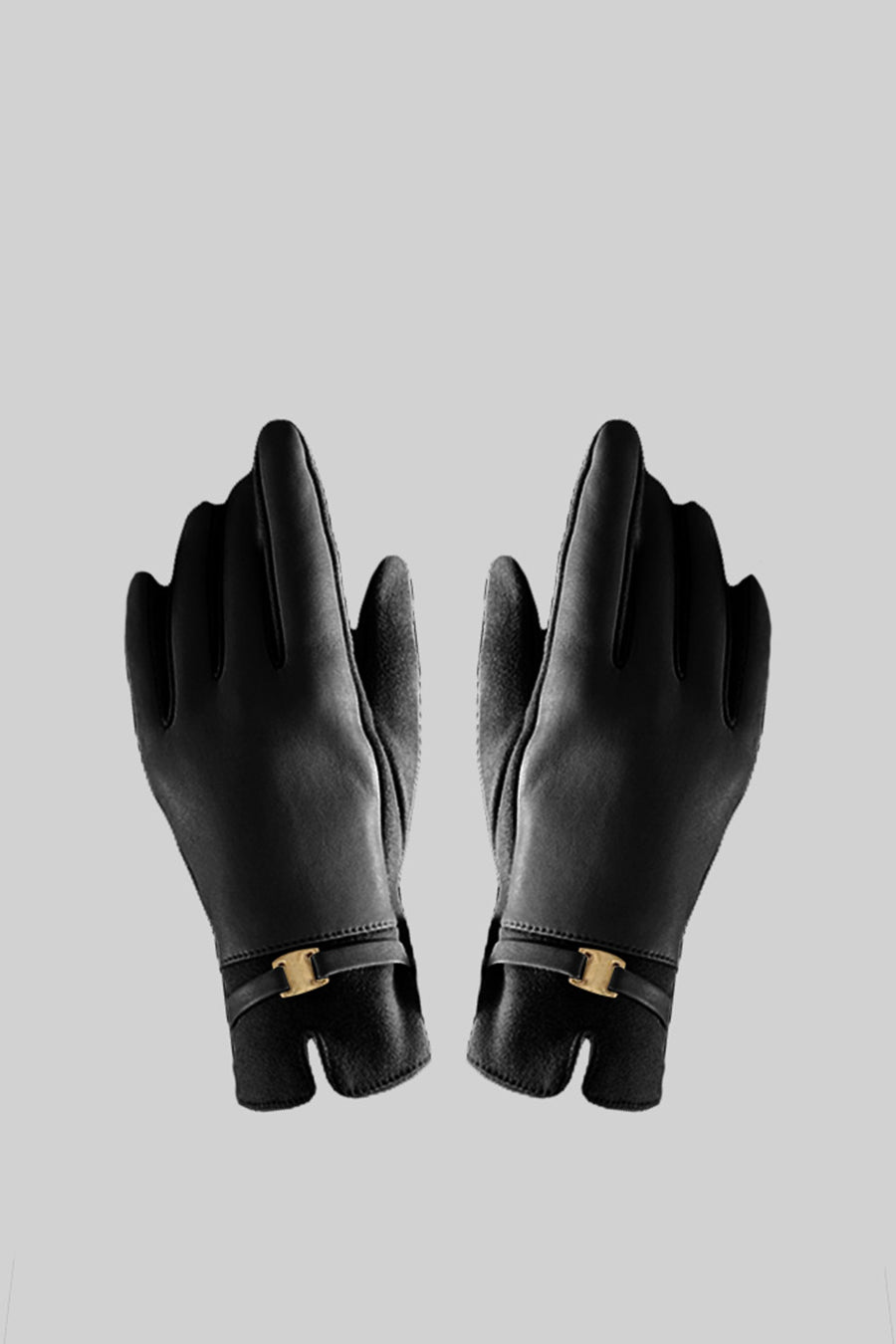 Vegan Leather And Suede Gloves With Gold Buckle Detail - Black