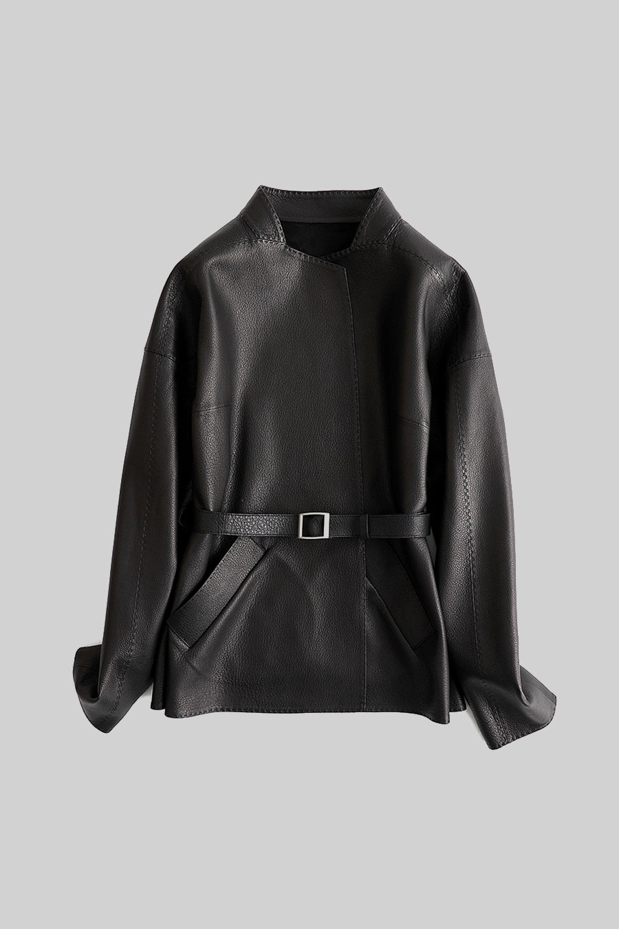 Vegan Leather Jacket with Adjustable Waistbelt - Black