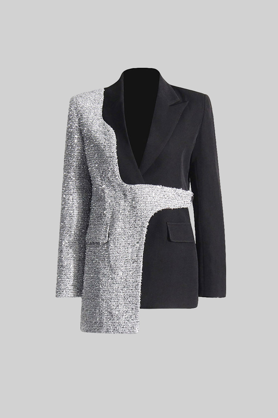 Contemporary Dual-Tone Blazer With Asymmetrical Hem - Black And Silver