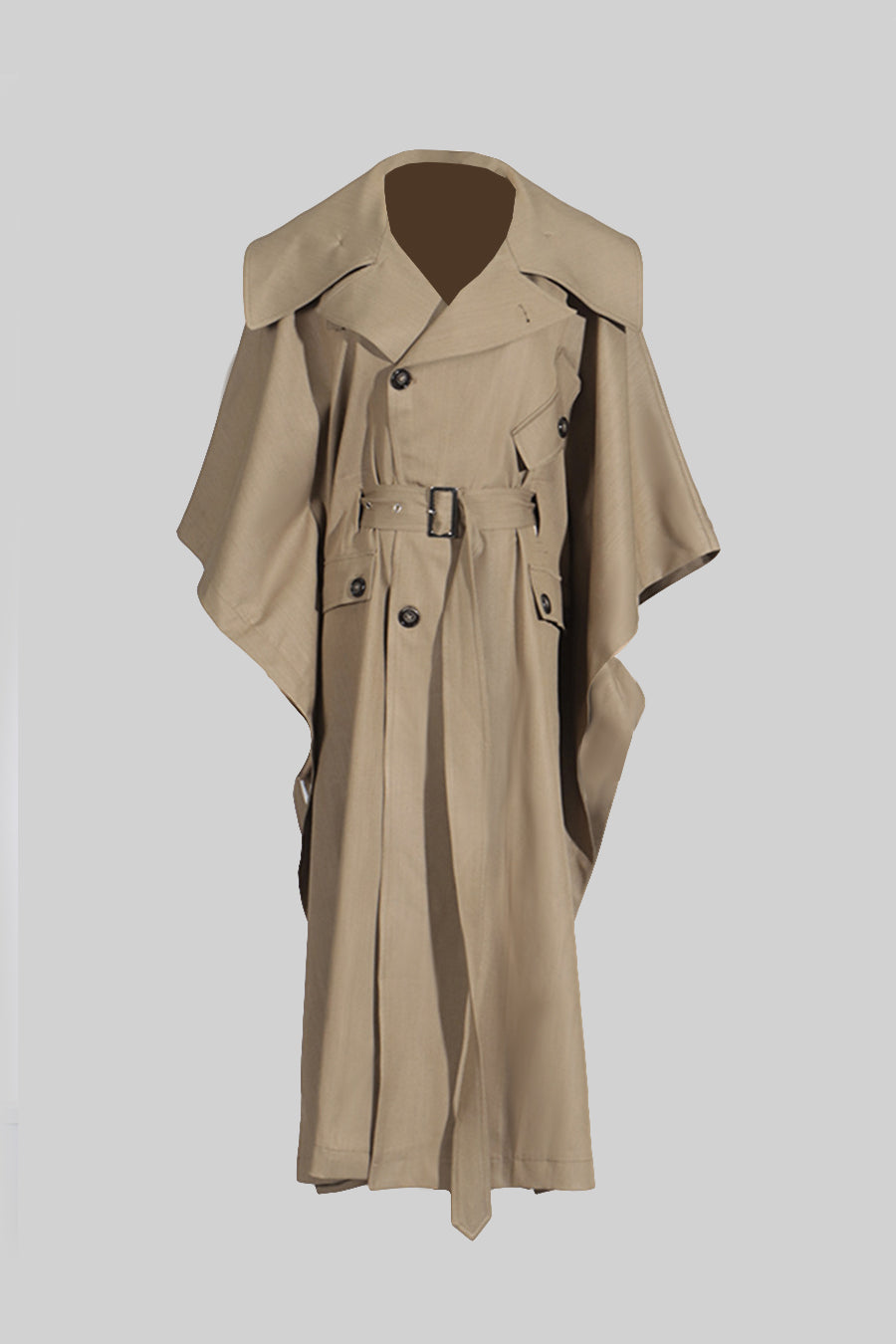 Trench Coat With Cape-Like Sleeve Construction - Khaki