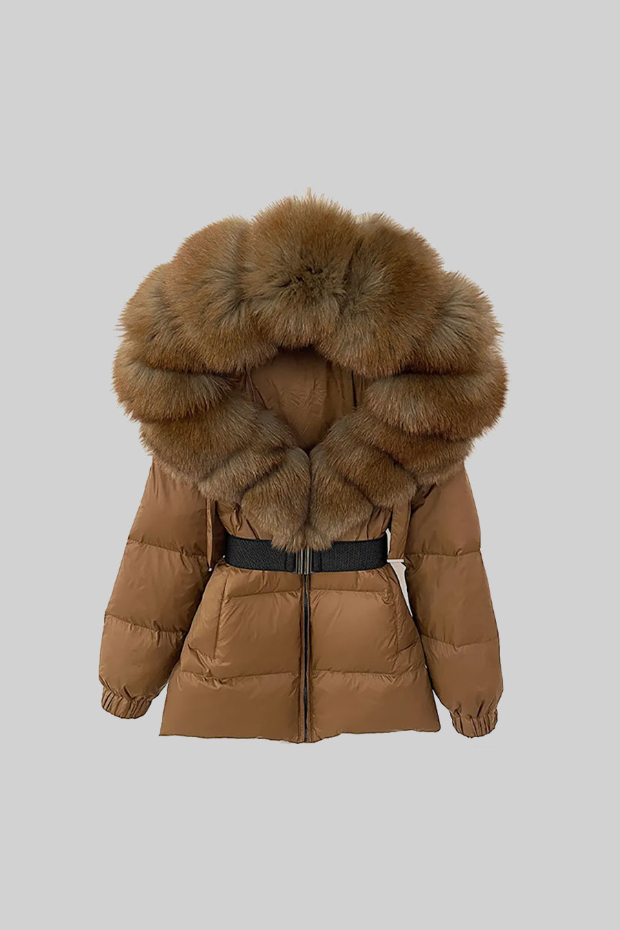 Puffer Jacket With Waistbelt And Brown Fox Fur-Lined Hood - Brown