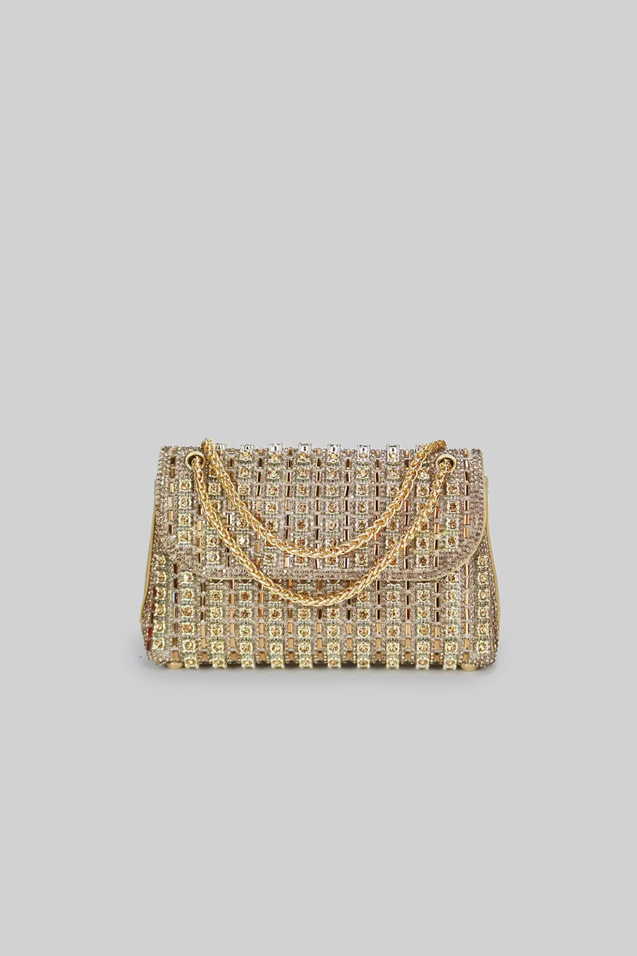 Glistening Woven Handbag With Shimmering Rhinestone Embellishments - Gold