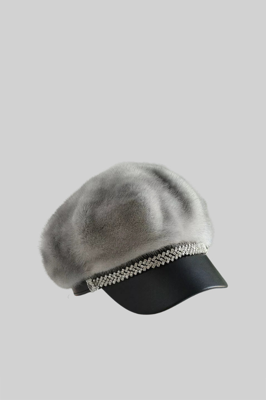 Mink Fur Hat With Leather Visor - Gray